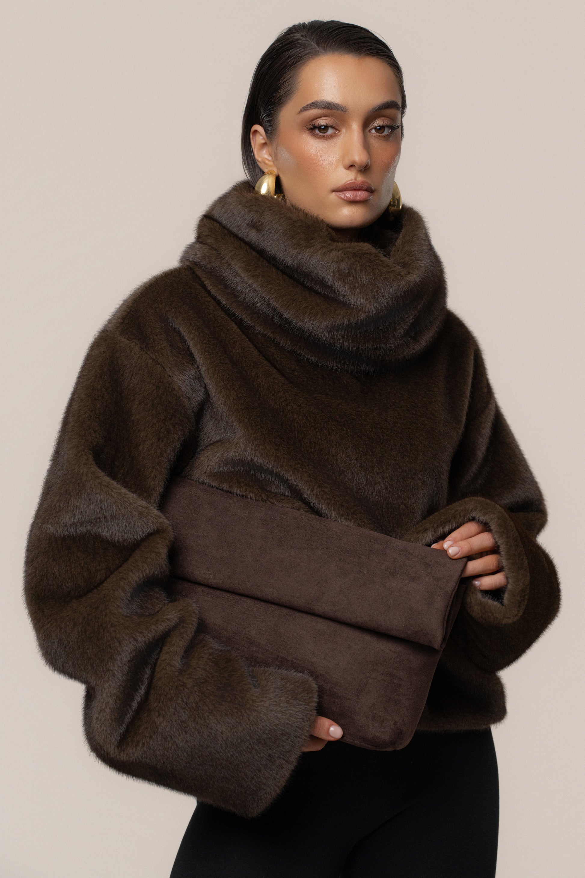 Brown Polished Faux Fur Pullover JLUXLABEL