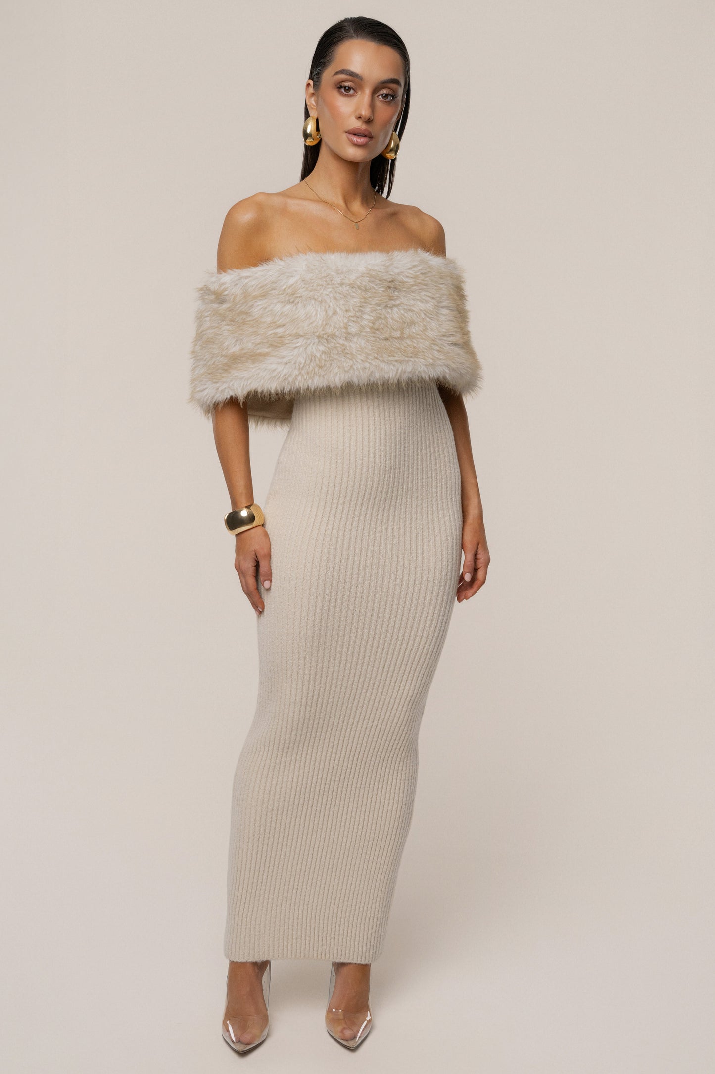 Stone Aspen Hour Faux Fur Dress JLUXLABEL