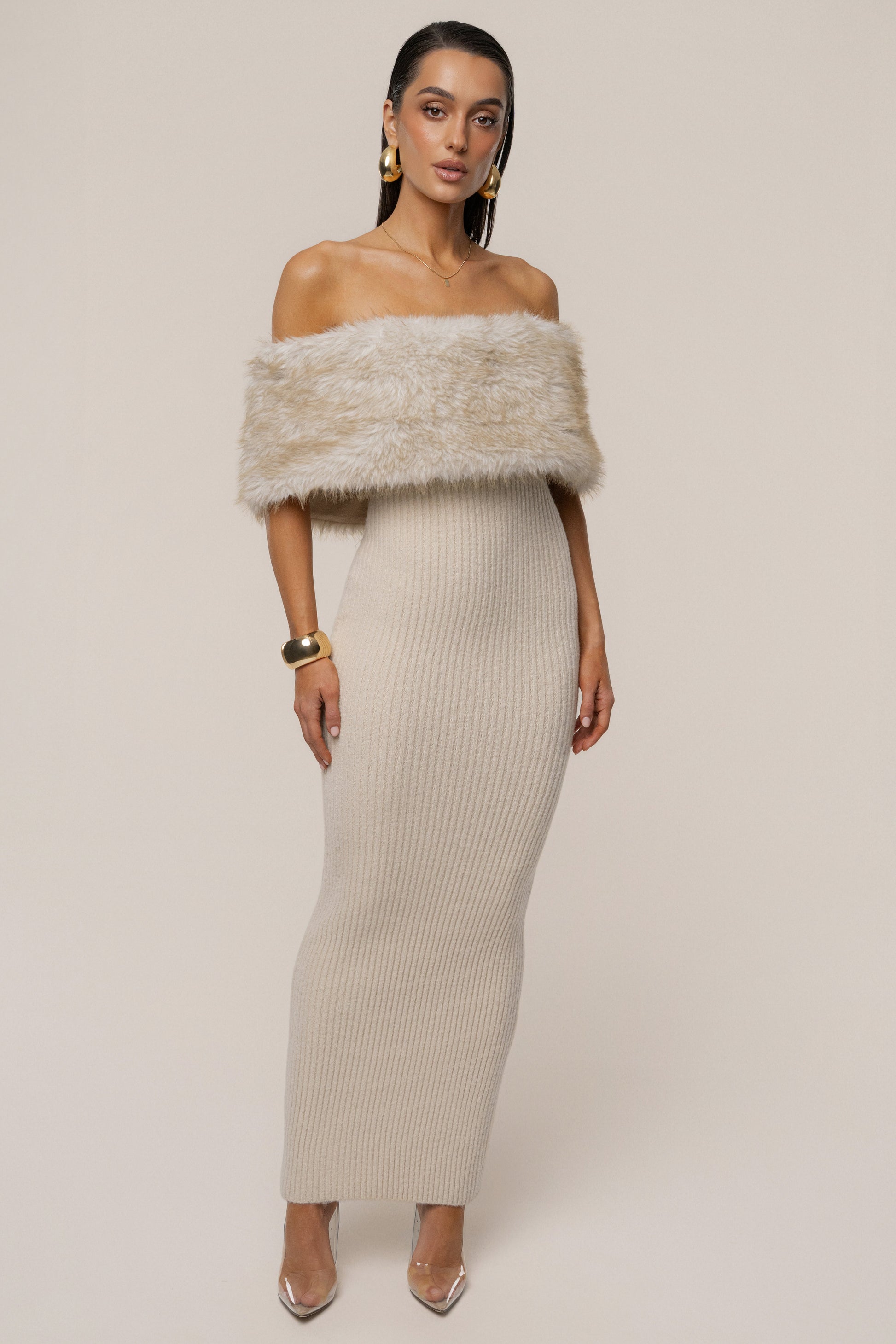Stone Aspen Hour Faux Fur Dress JLUXLABEL