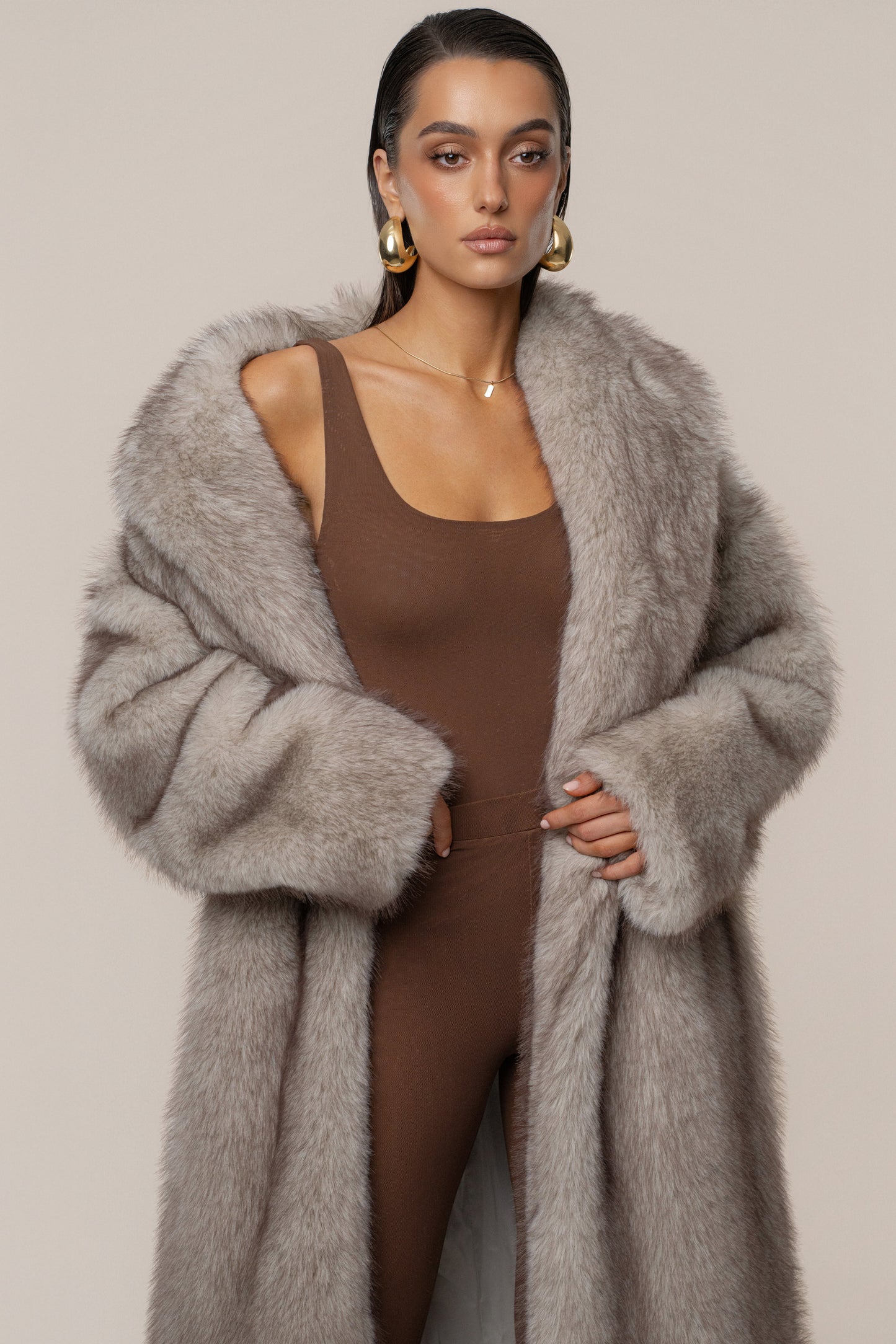 Ivory/Brown Aspen Days Faux Fur Coat JLUXLABEL