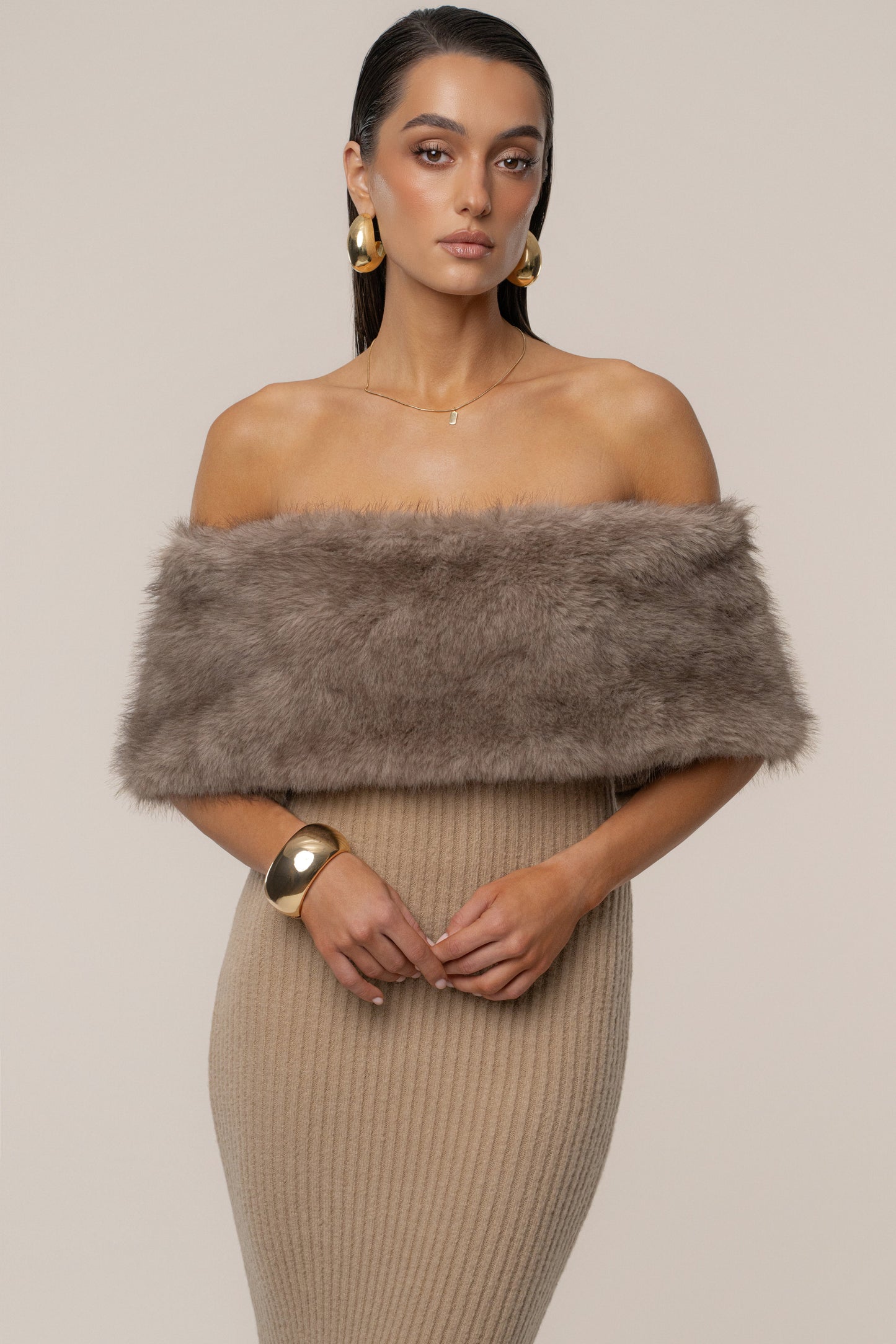 Chocolate Aspen Hour Faux Fur Dress JLUXLABEL