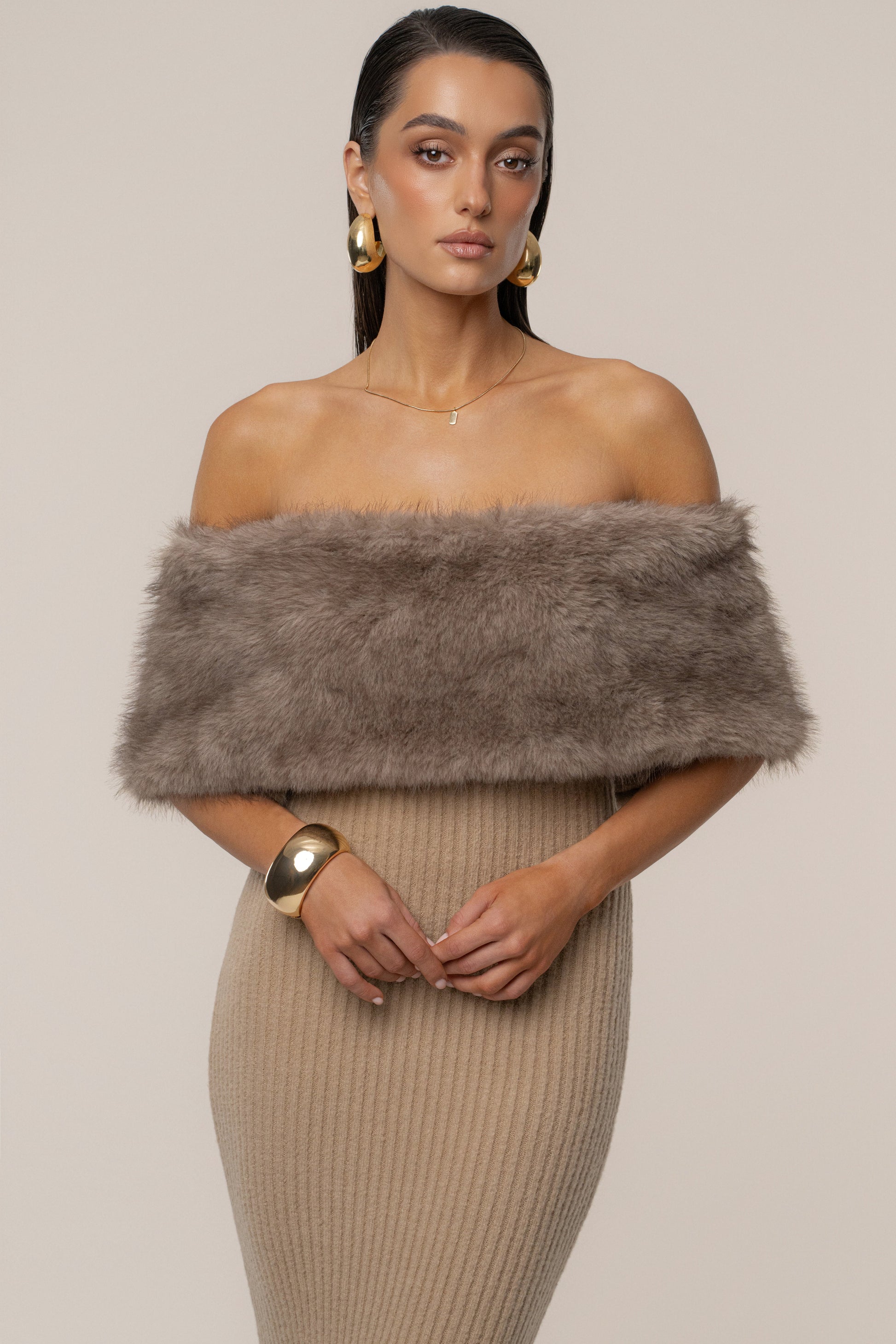 Chocolate Aspen Hour Faux Fur Dress JLUXLABEL