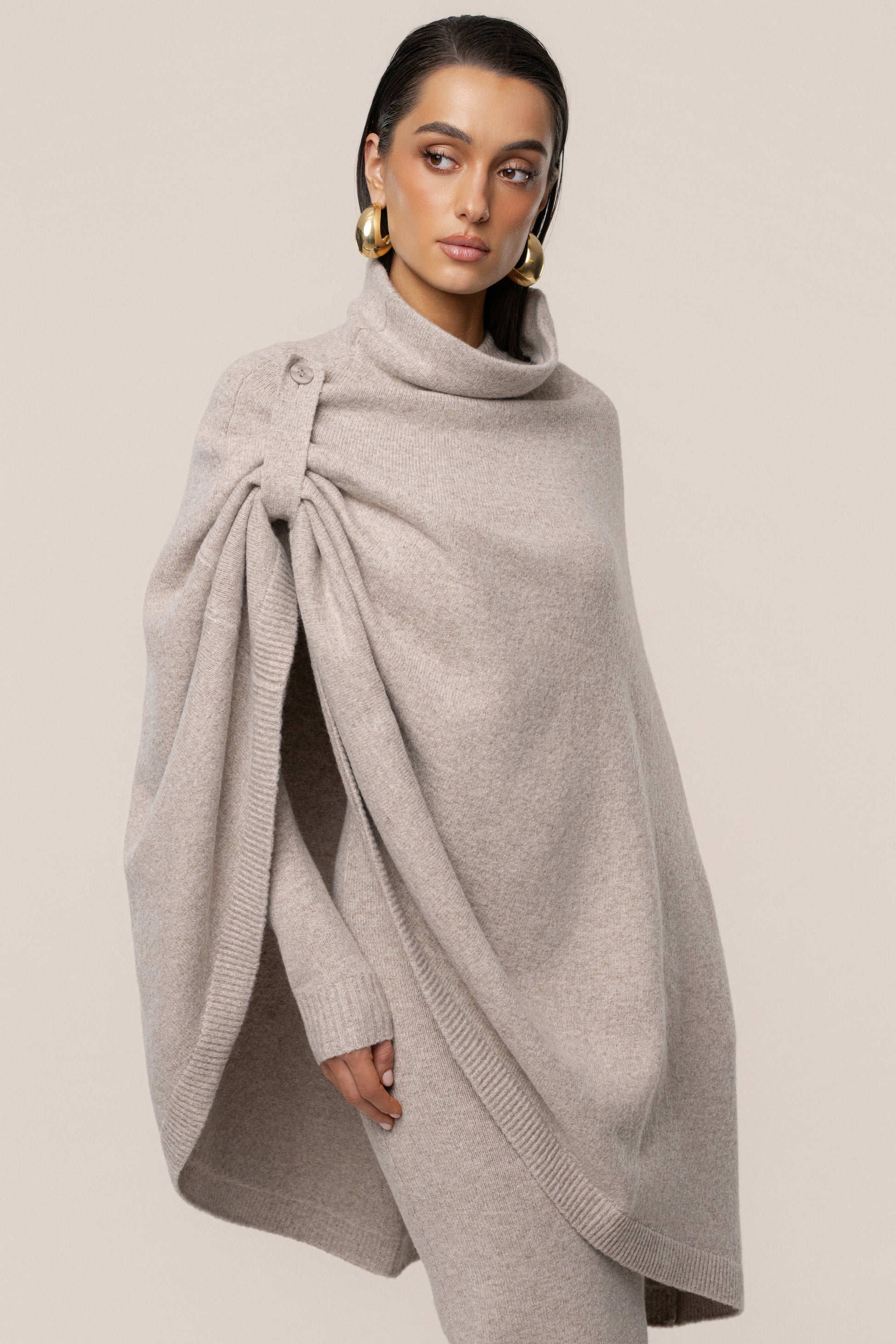 Beige Lodge Bound Turtleneck Shawl JLUXLABEL
