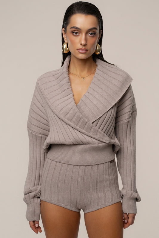 Taupe Ease Forward Knit Top JLUXLABEL