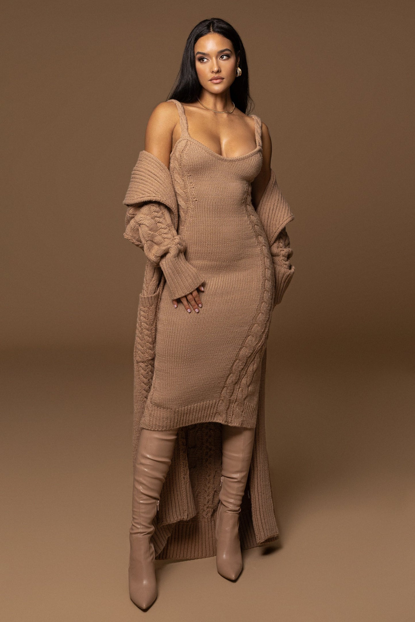 Beige Daria Sweater Knit Dress JLUXLABEL