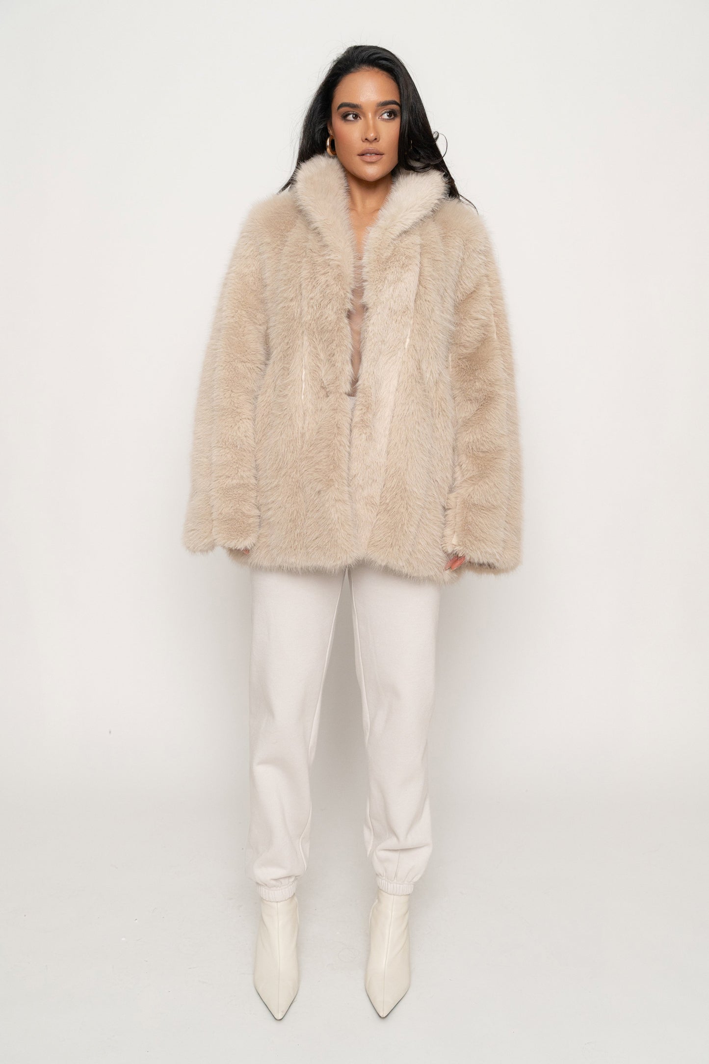 Beige Cropped Manhattan Faux Fur Coat JLUXLABEL