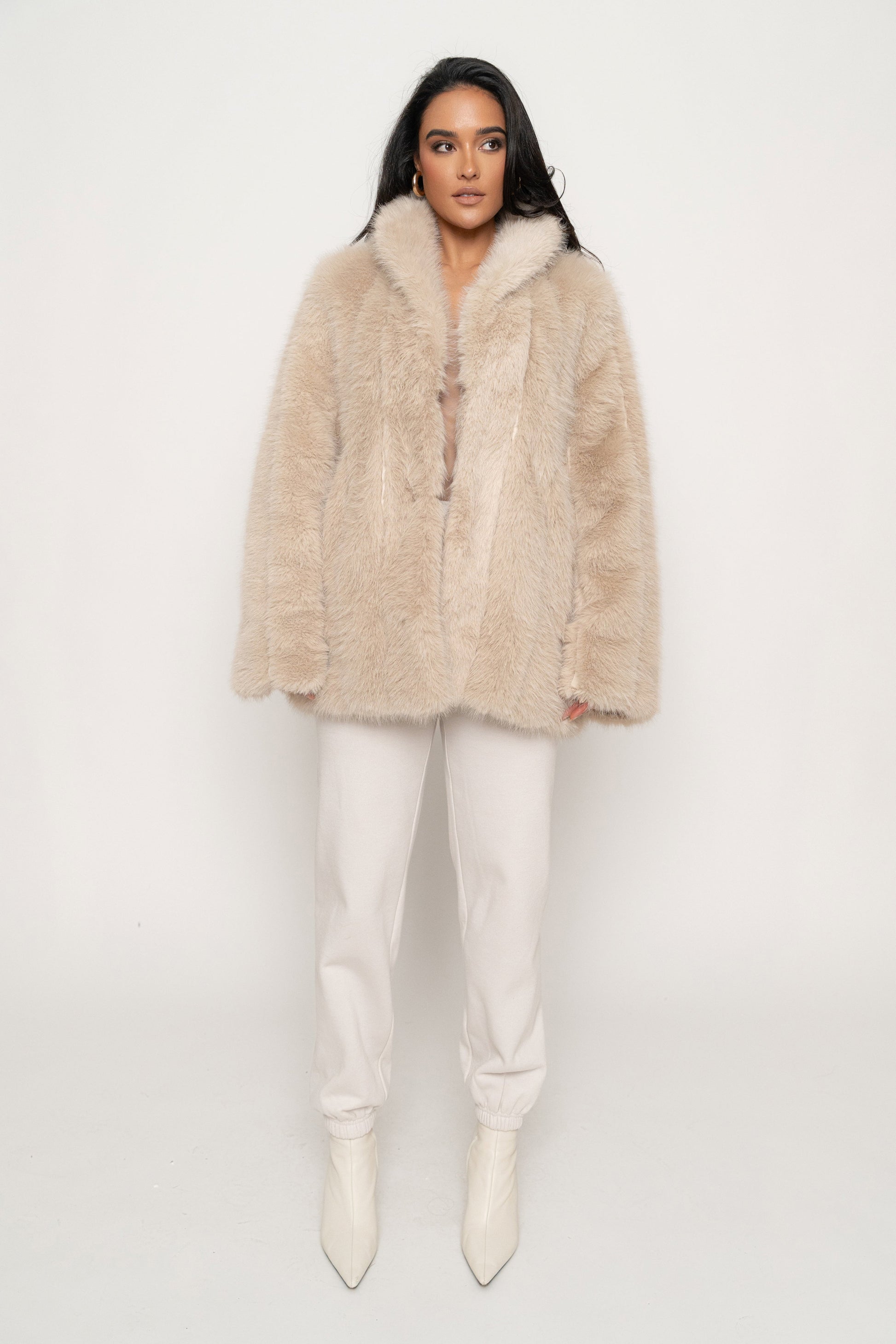 Beige Cropped Manhattan Faux Fur Coat JLUXLABEL