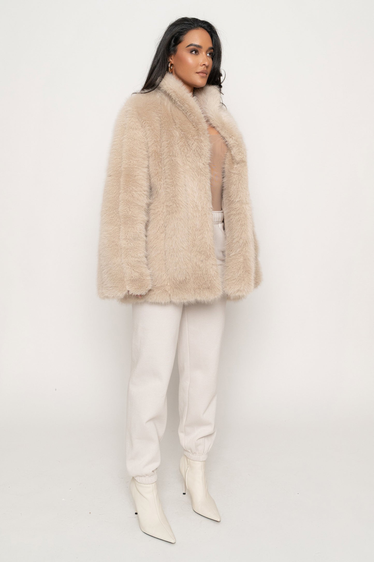 Beige Cropped Manhattan Faux Fur Coat JLUXLABEL