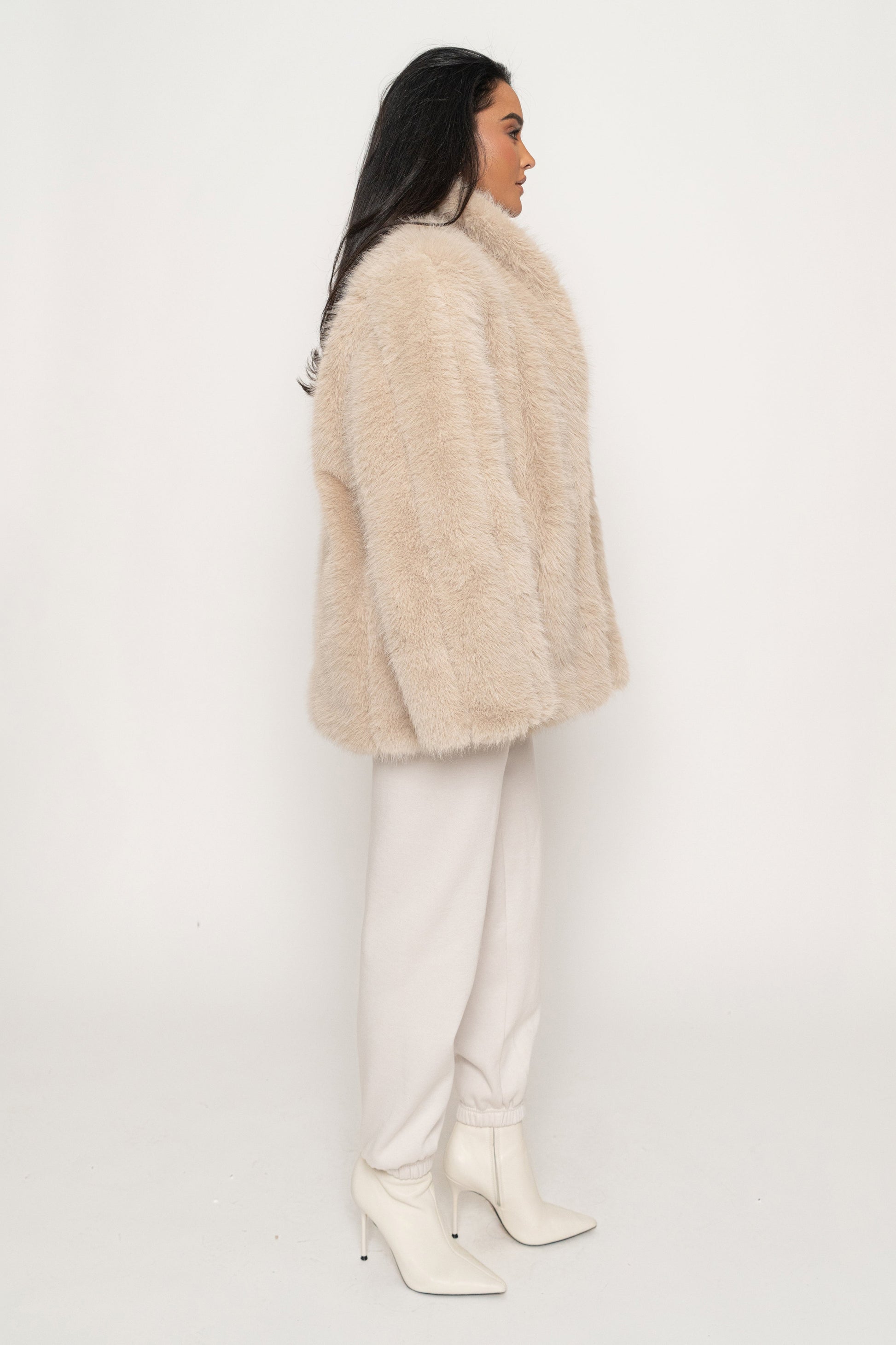 Beige Cropped Manhattan Faux Fur Coat JLUXLABEL