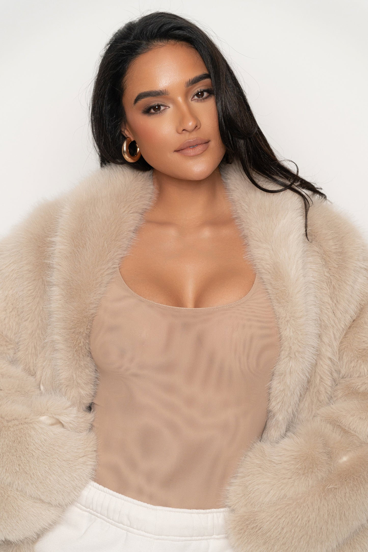 Beige Cropped Manhattan Faux Fur Coat JLUXLABEL