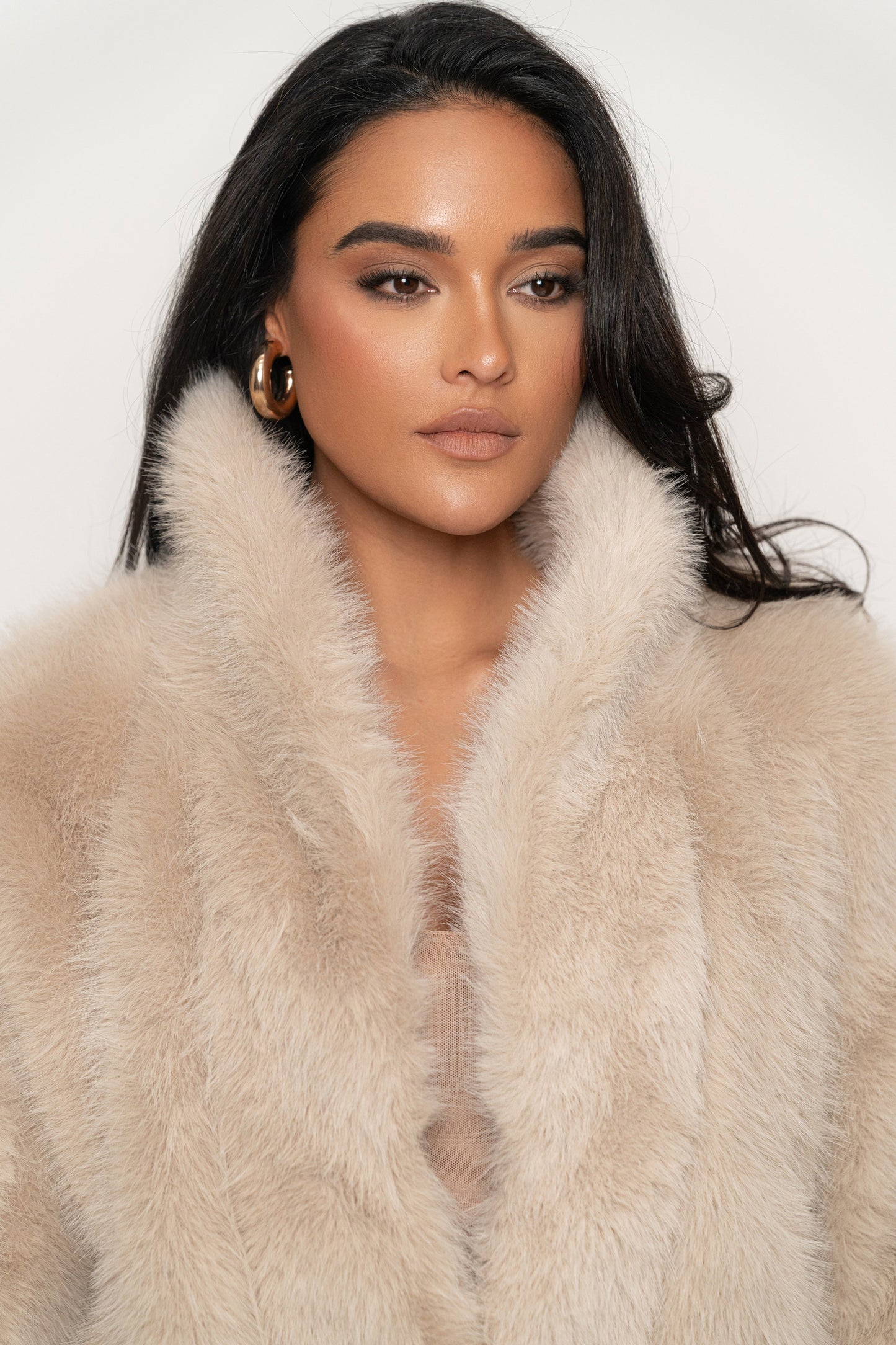 Beige Cropped Manhattan Faux Fur Coat JLUXLABEL
