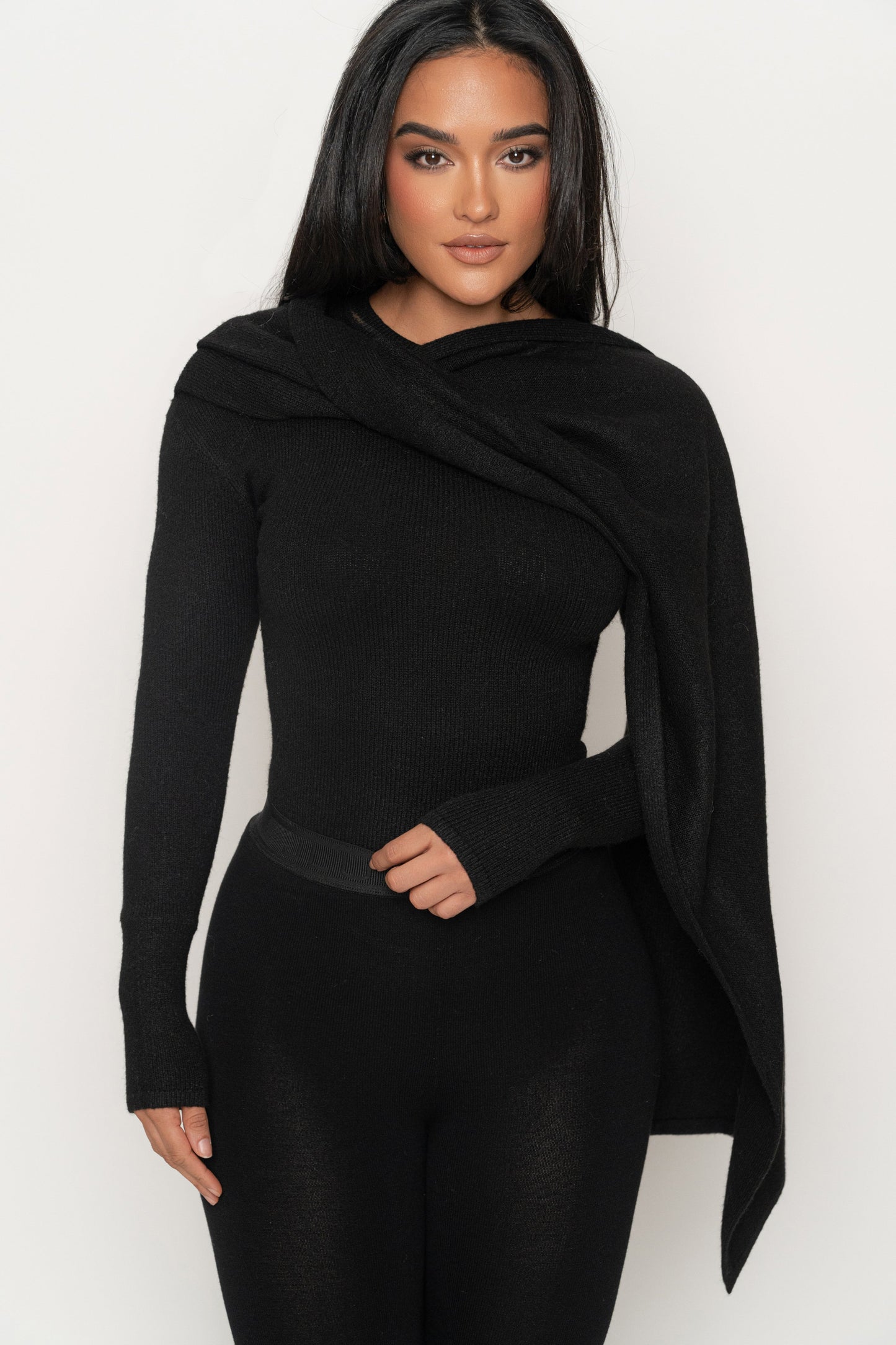Black Ribbed Scarf Top JLUXLABEL