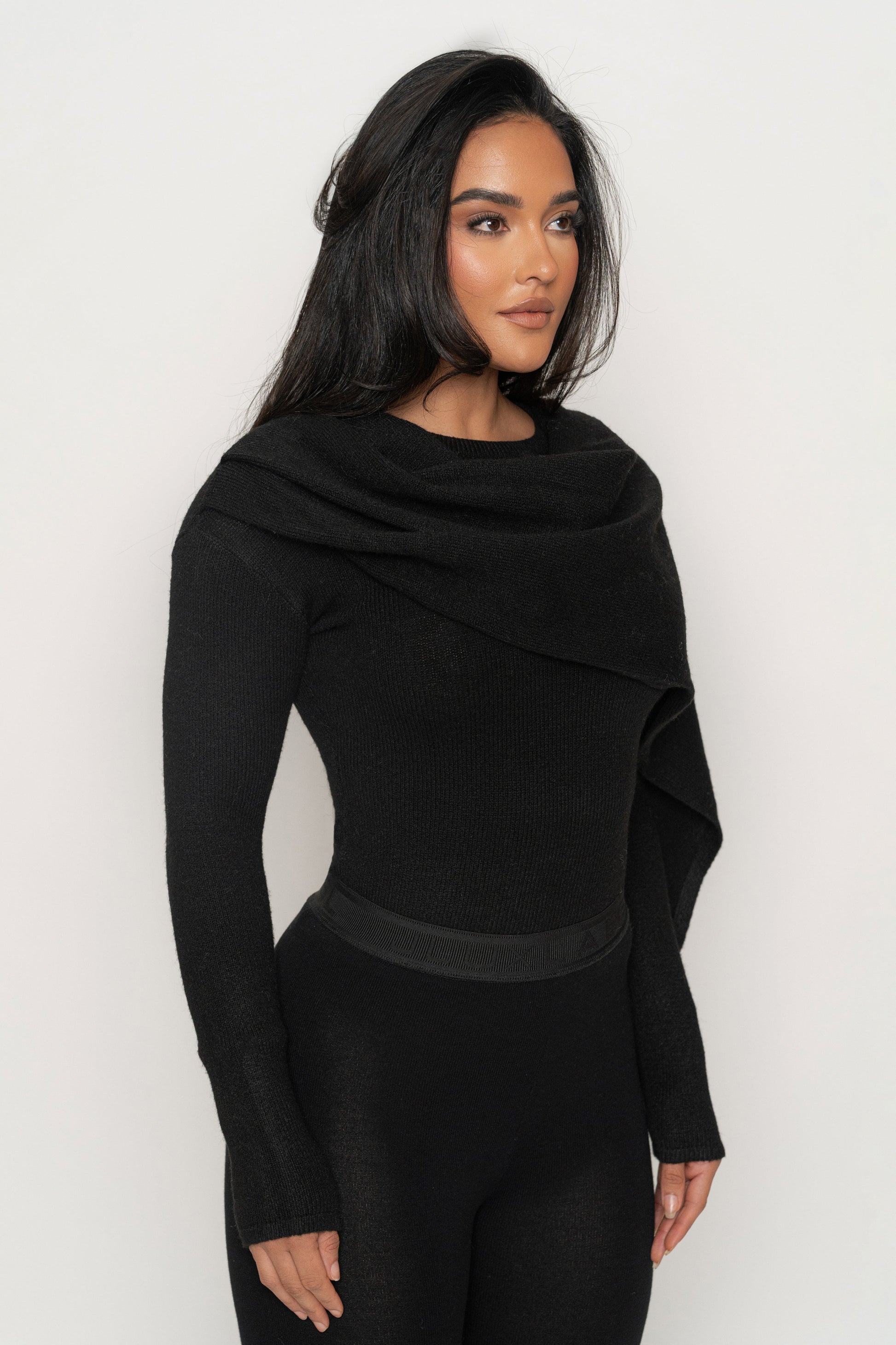 Black Ribbed Scarf Top JLUXLABEL
