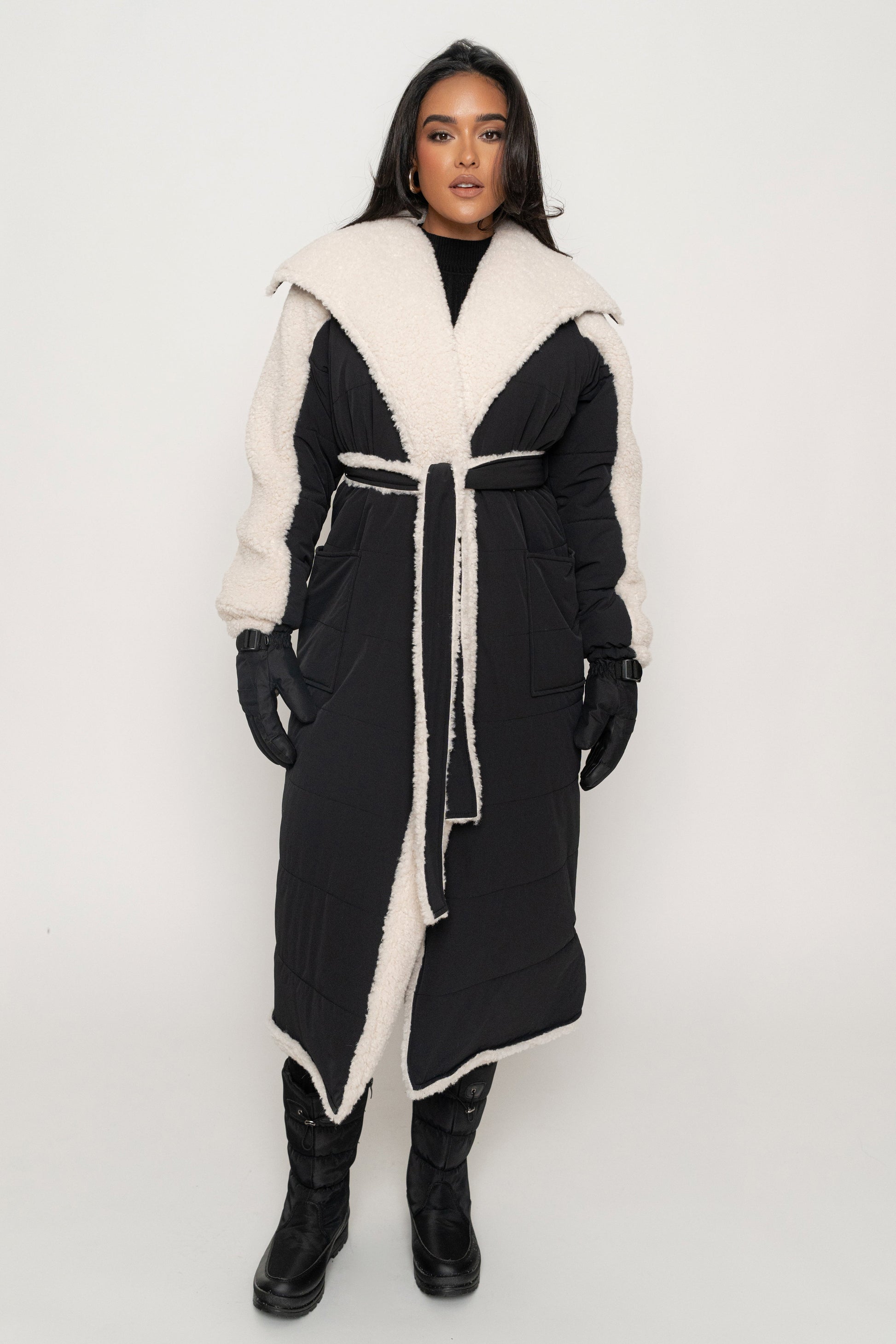 Black/Ivory Contrast Sherpa Coat JLUXLABEL