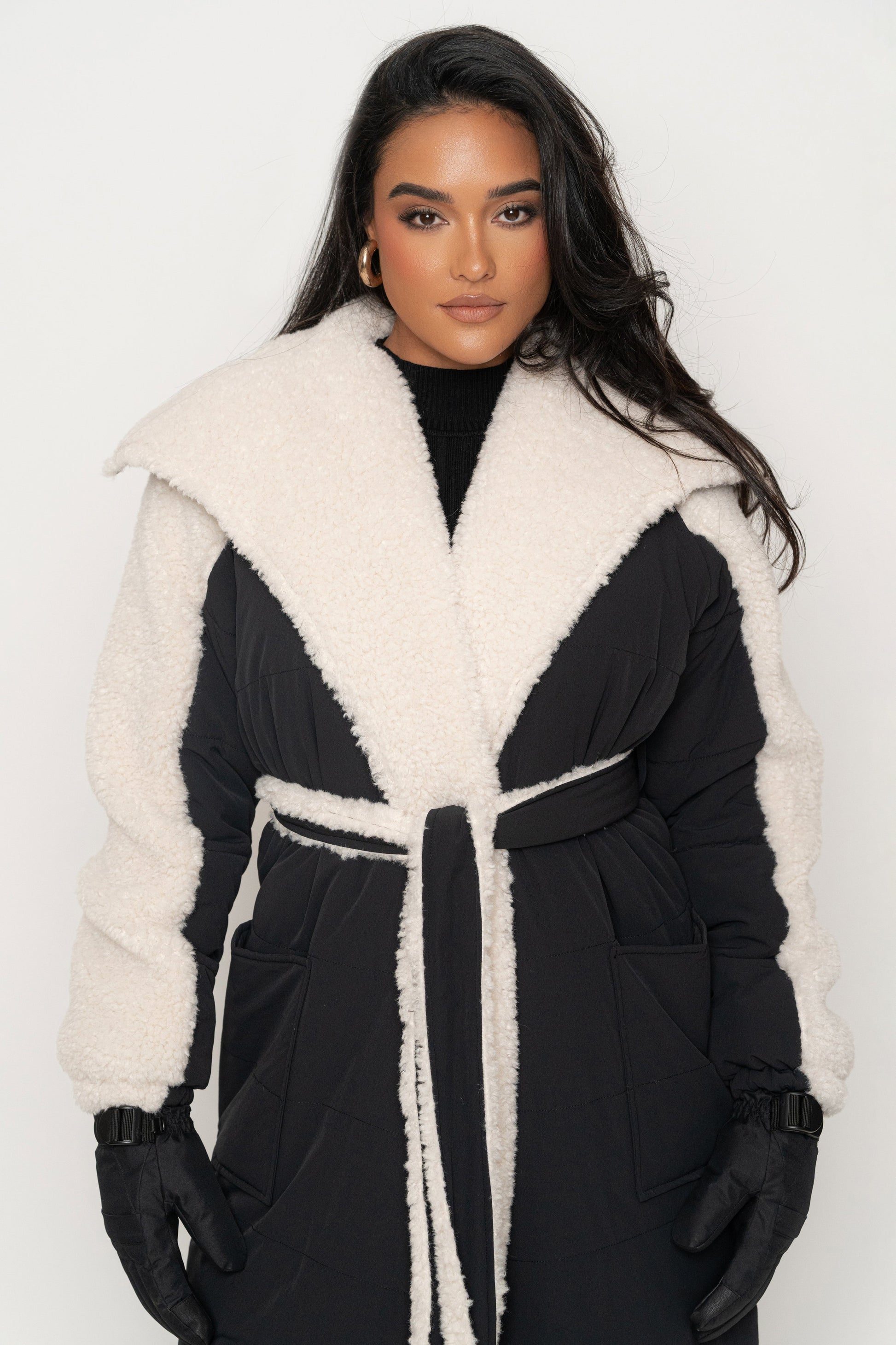 Black/Ivory Contrast Sherpa Coat JLUXLABEL