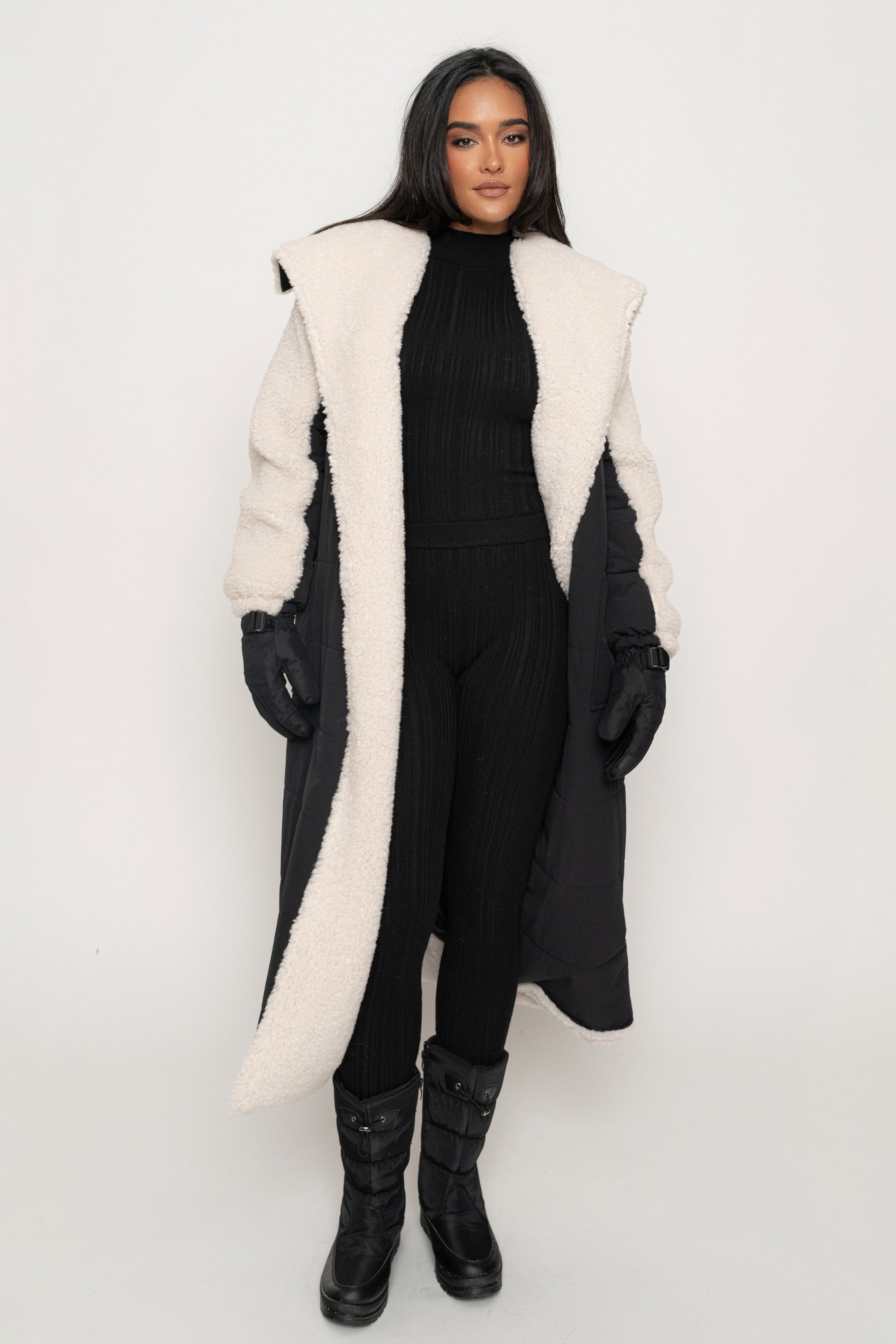 Black/Ivory Contrast Sherpa Coat JLUXLABEL