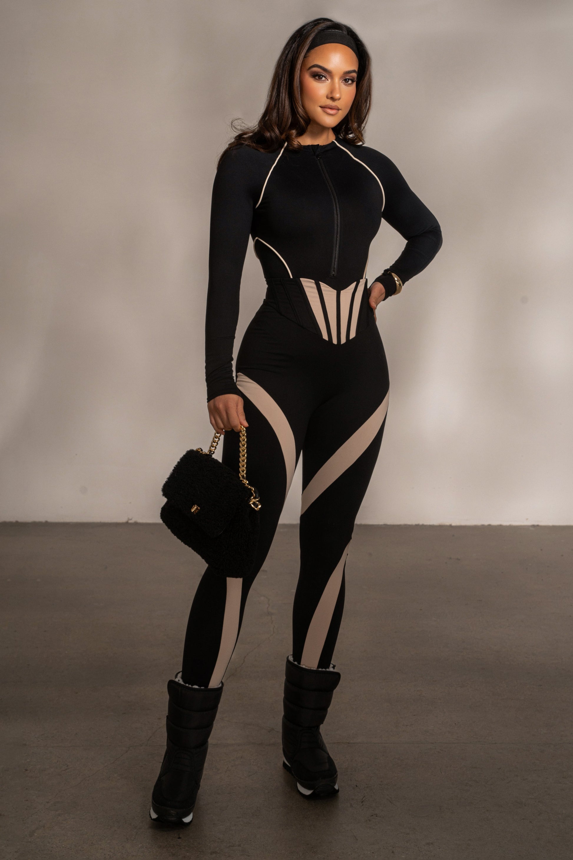 Black Rise Up Zip Front Bodysuit JLUXLABEL