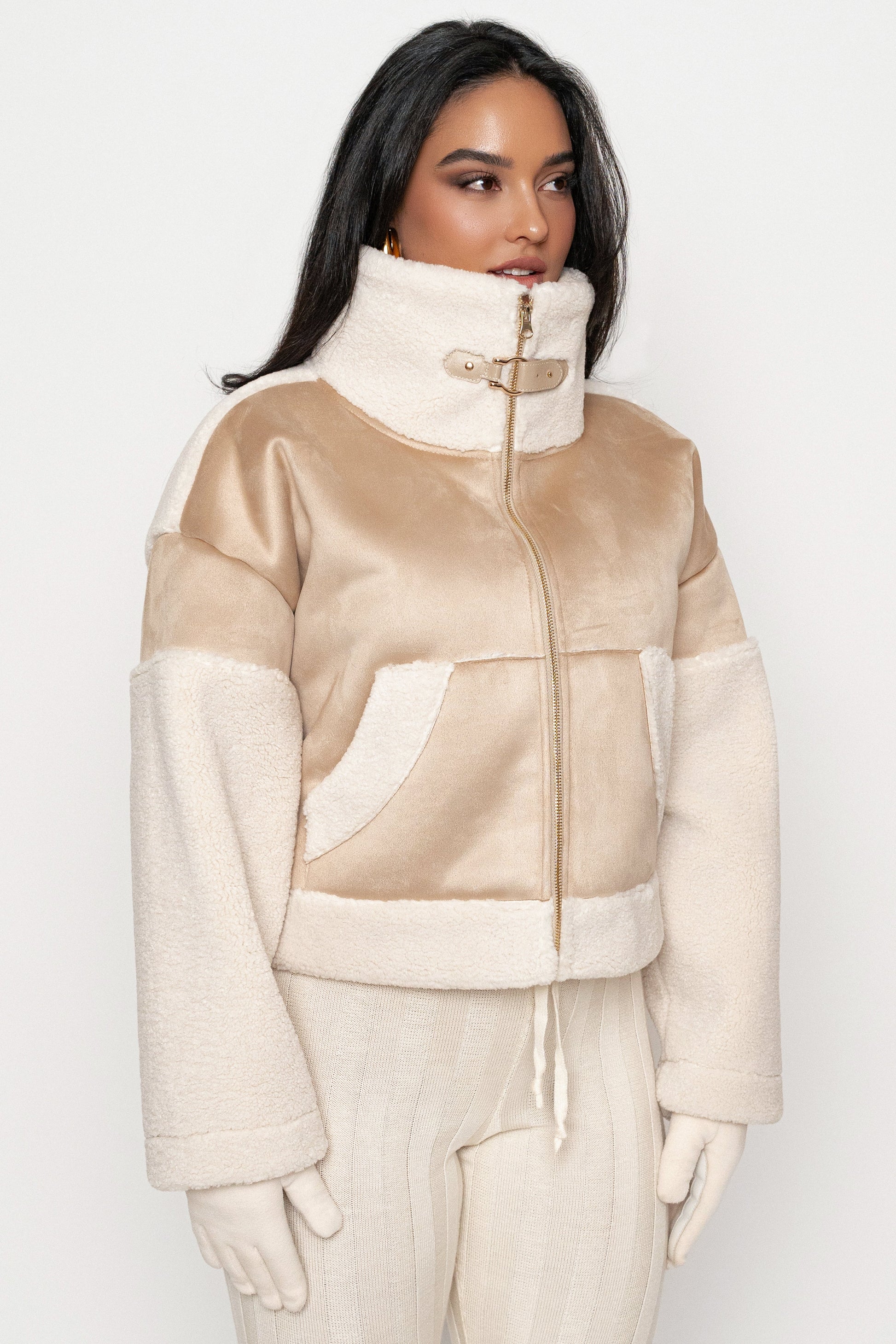 Sand Suede And Sherpa Jacket JLUXLABEL