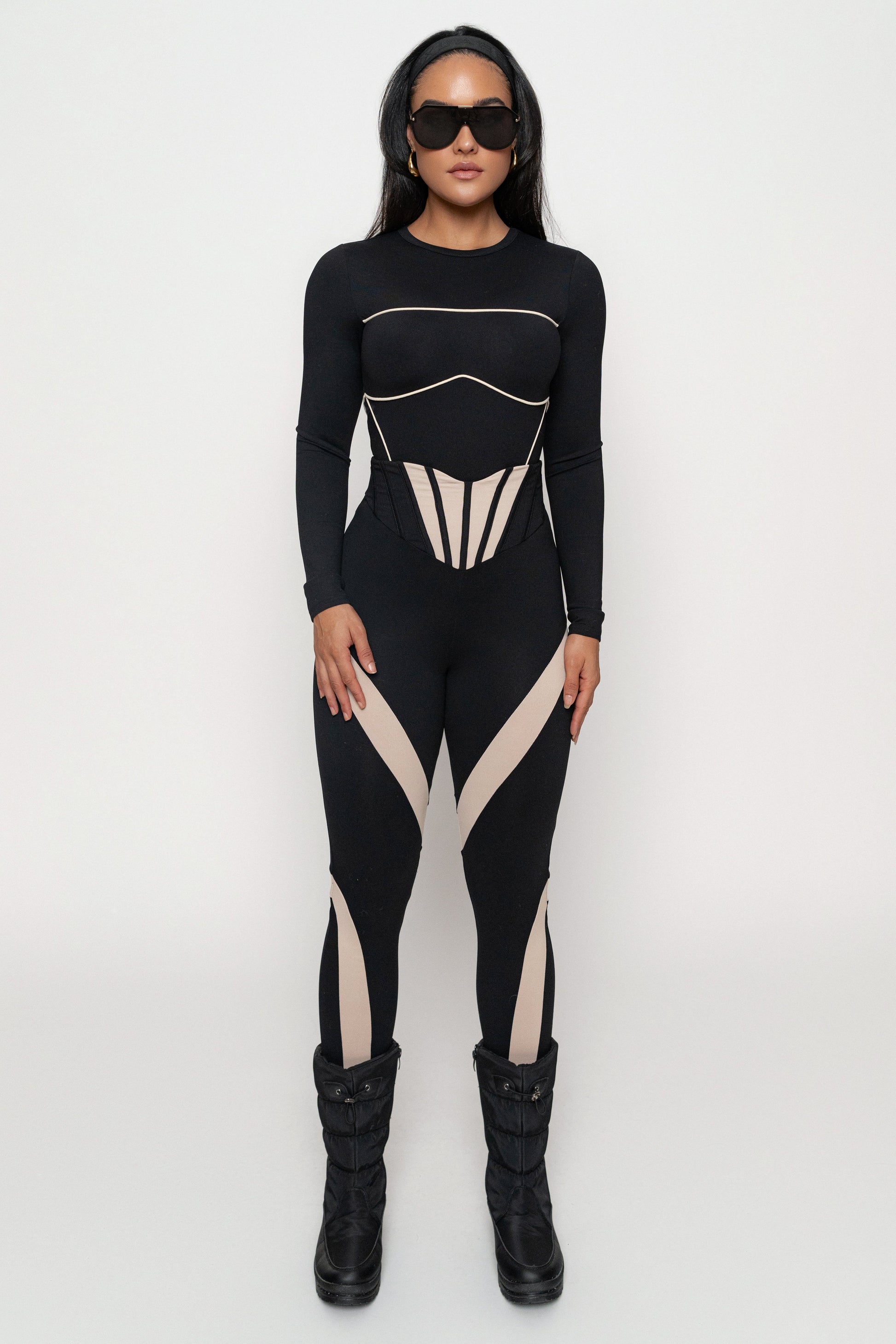Black/Cream Pilar Piped Bodysuit JLUXLABEL