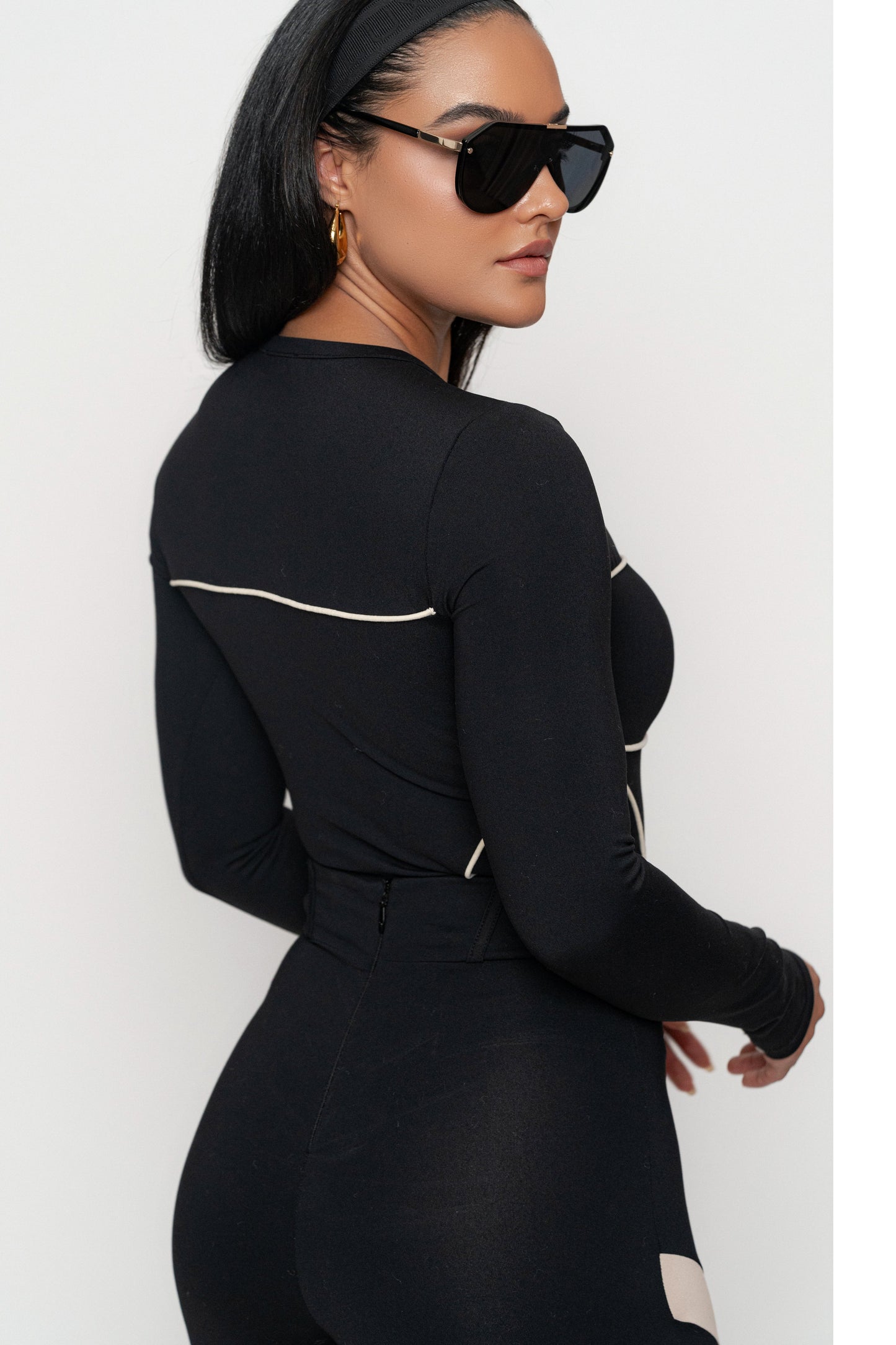 Black/Cream Pilar Piped Bodysuit JLUXLABEL
