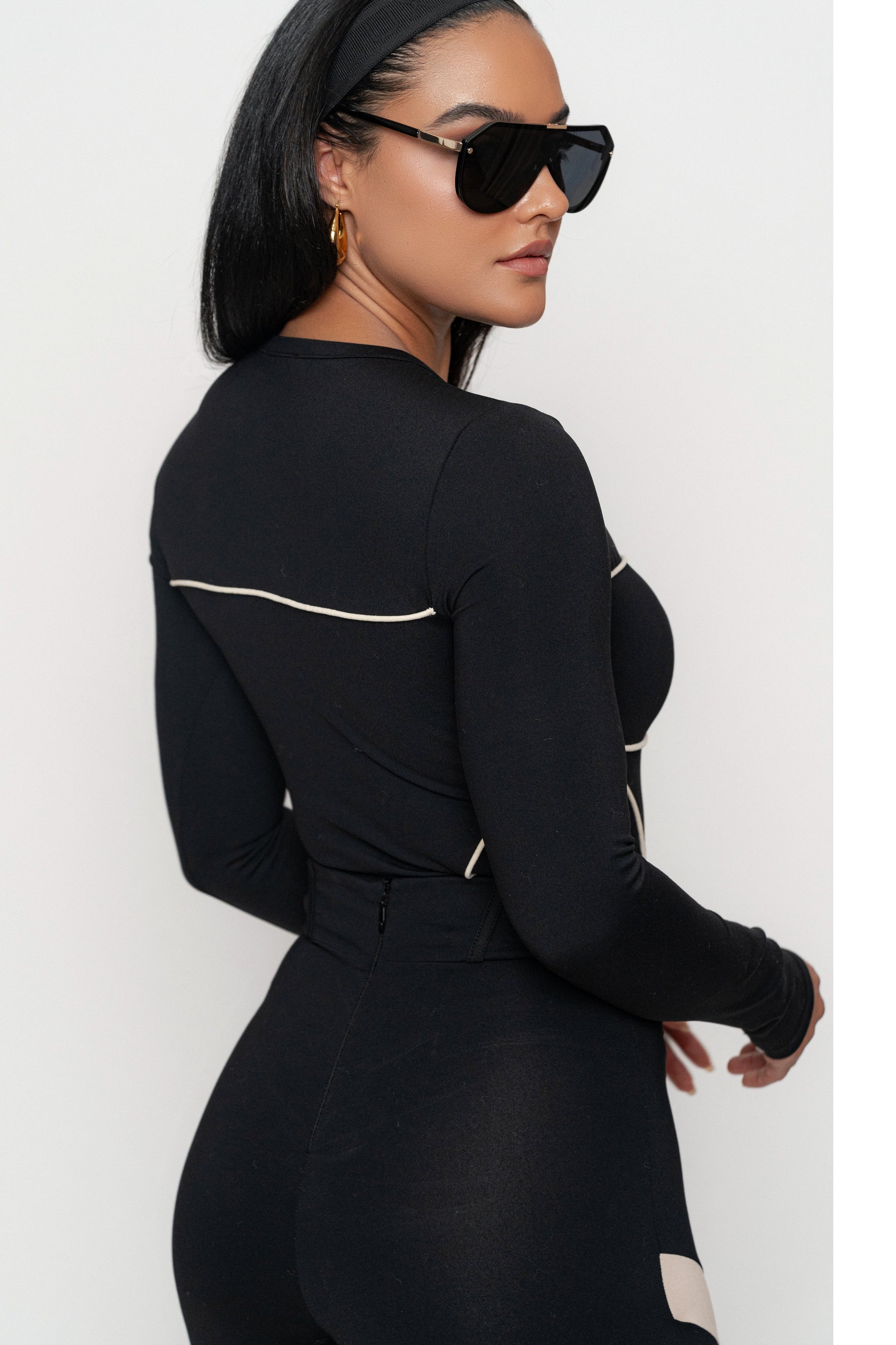 Black/Cream Pilar Piped Bodysuit JLUXLABEL