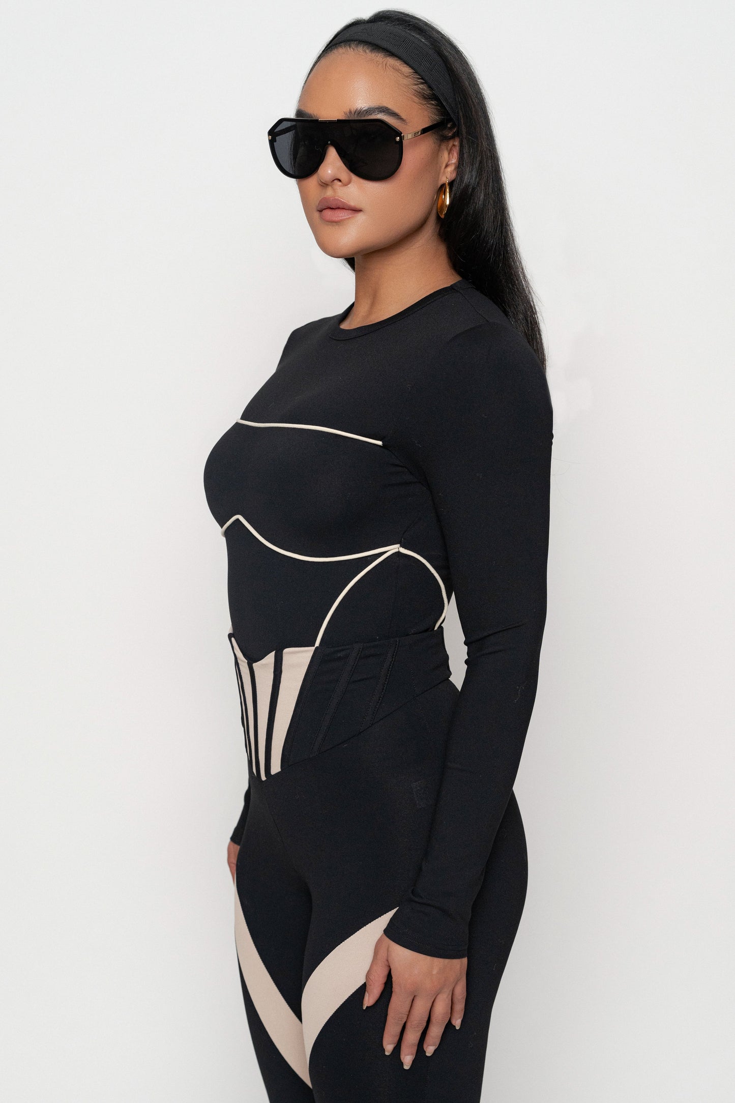 Black/Cream Pilar Piped Bodysuit JLUXLABEL