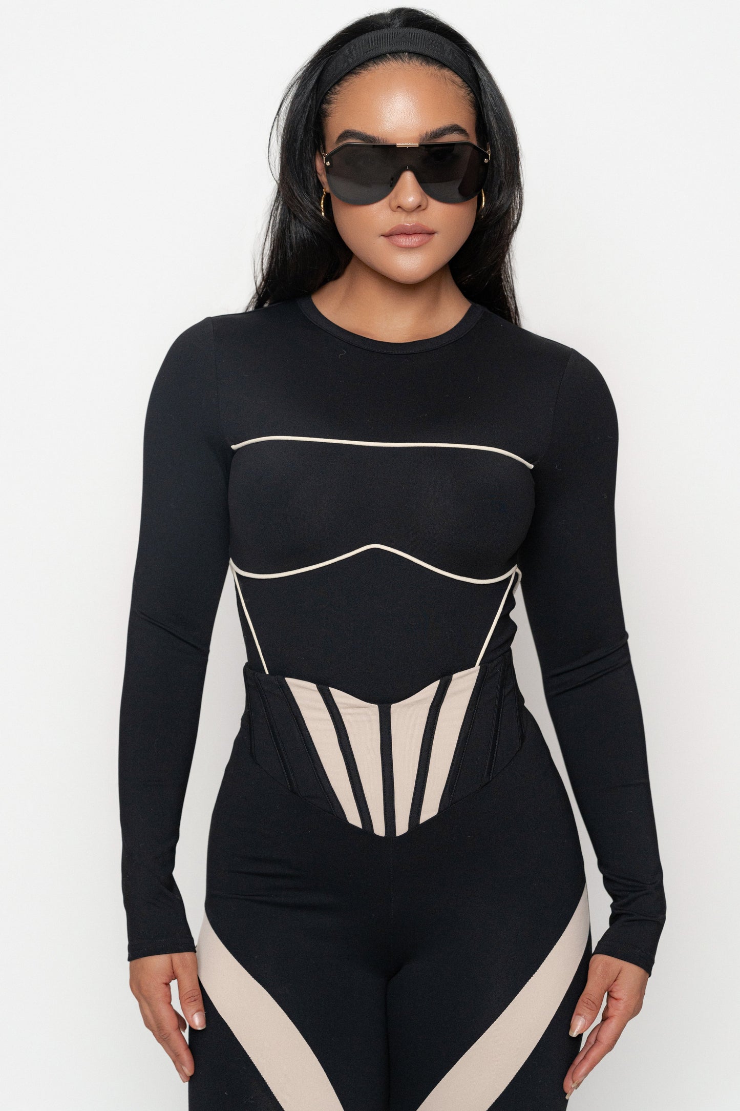 Black/Cream Pilar Piped Bodysuit JLUXLABEL