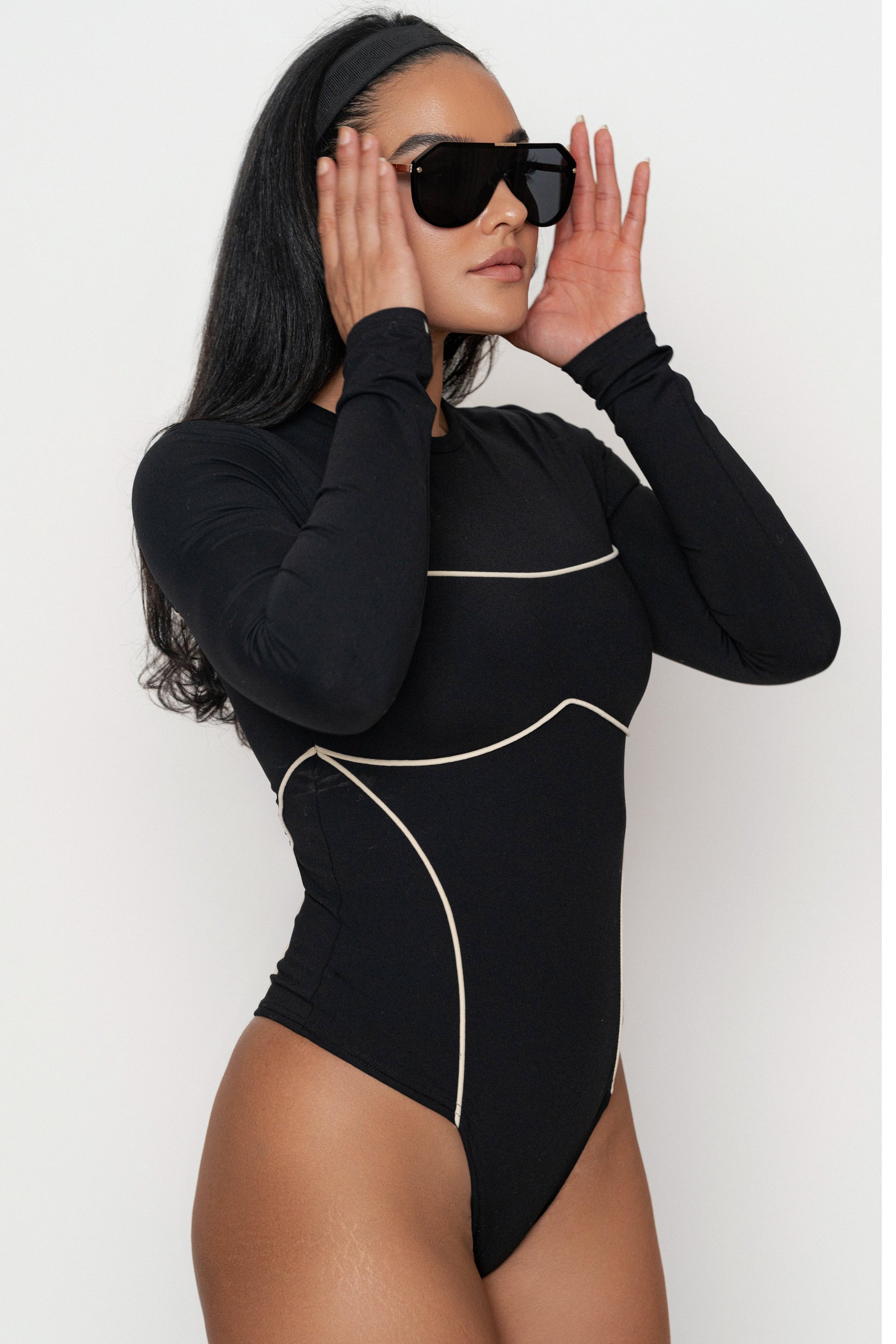 Black/Cream Pilar Piped Bodysuit JLUXLABEL