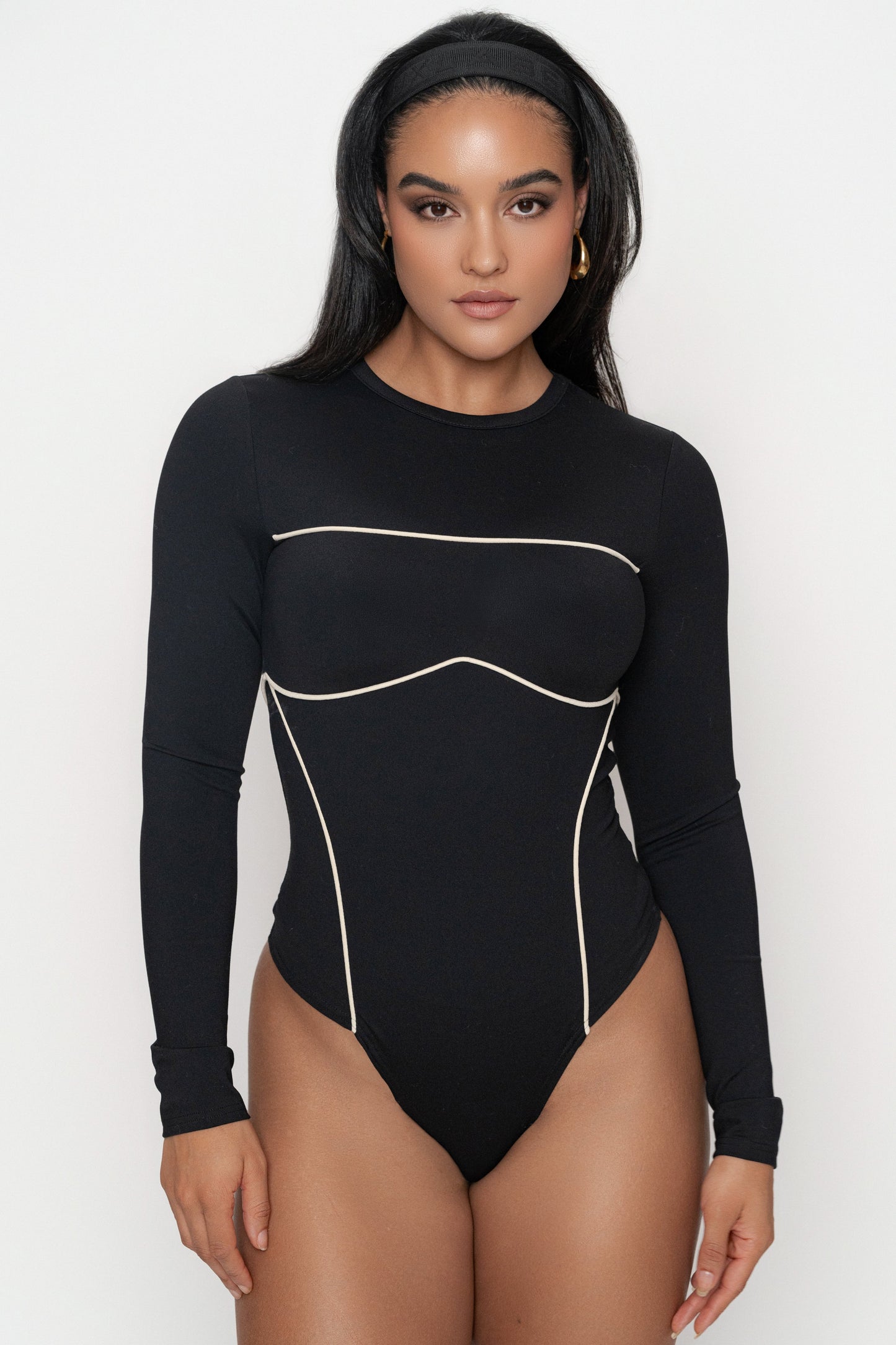 Black/Cream Pilar Piped Bodysuit JLUXLABEL