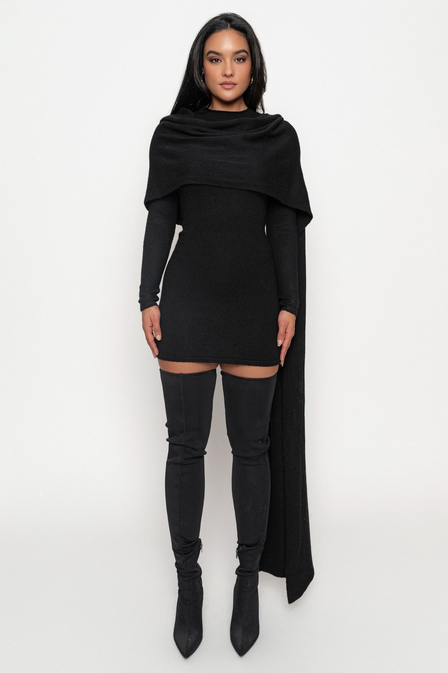 Black Scarf Draped Mini Dress JLUXLABEL