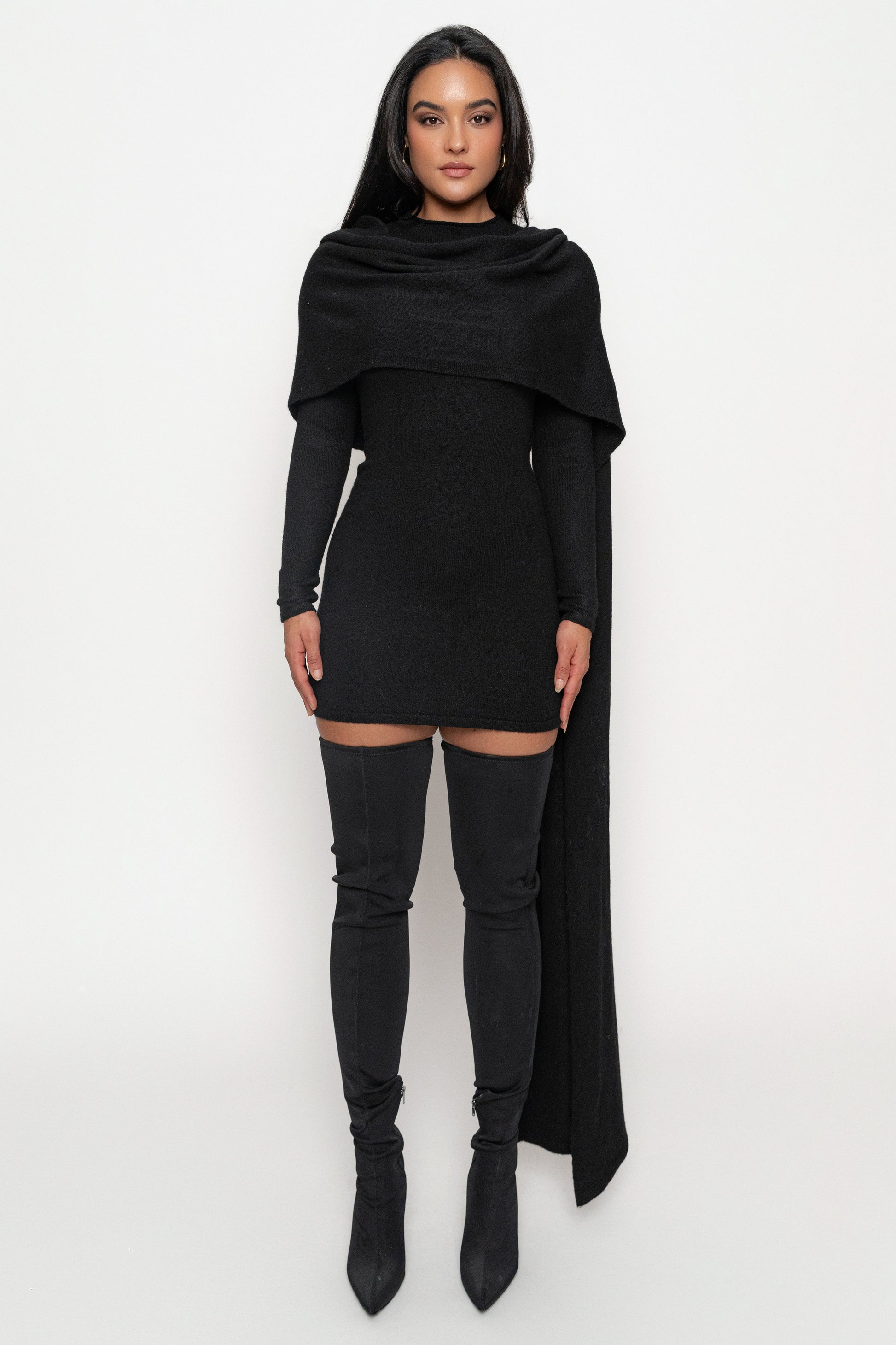 Black Scarf Draped Mini Dress JLUXLABEL