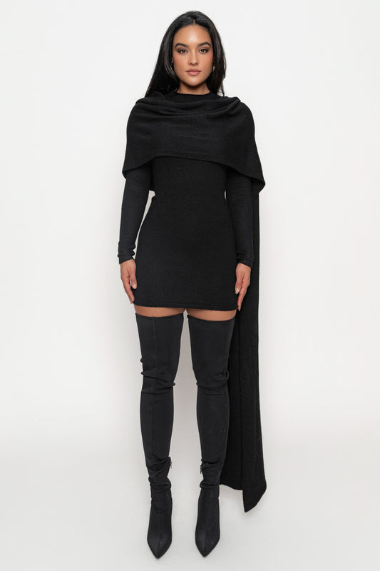 Black Scarf Draped Mini Dress JLUXLABEL