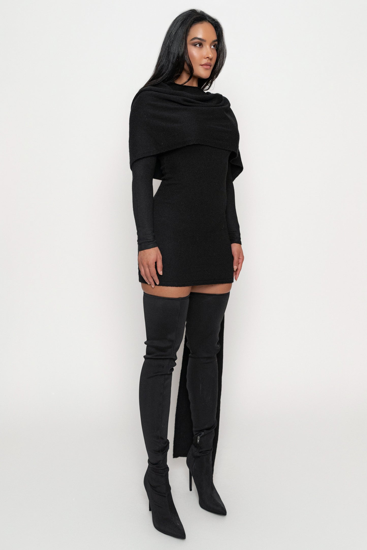 Black Scarf Draped Mini Dress JLUXLABEL