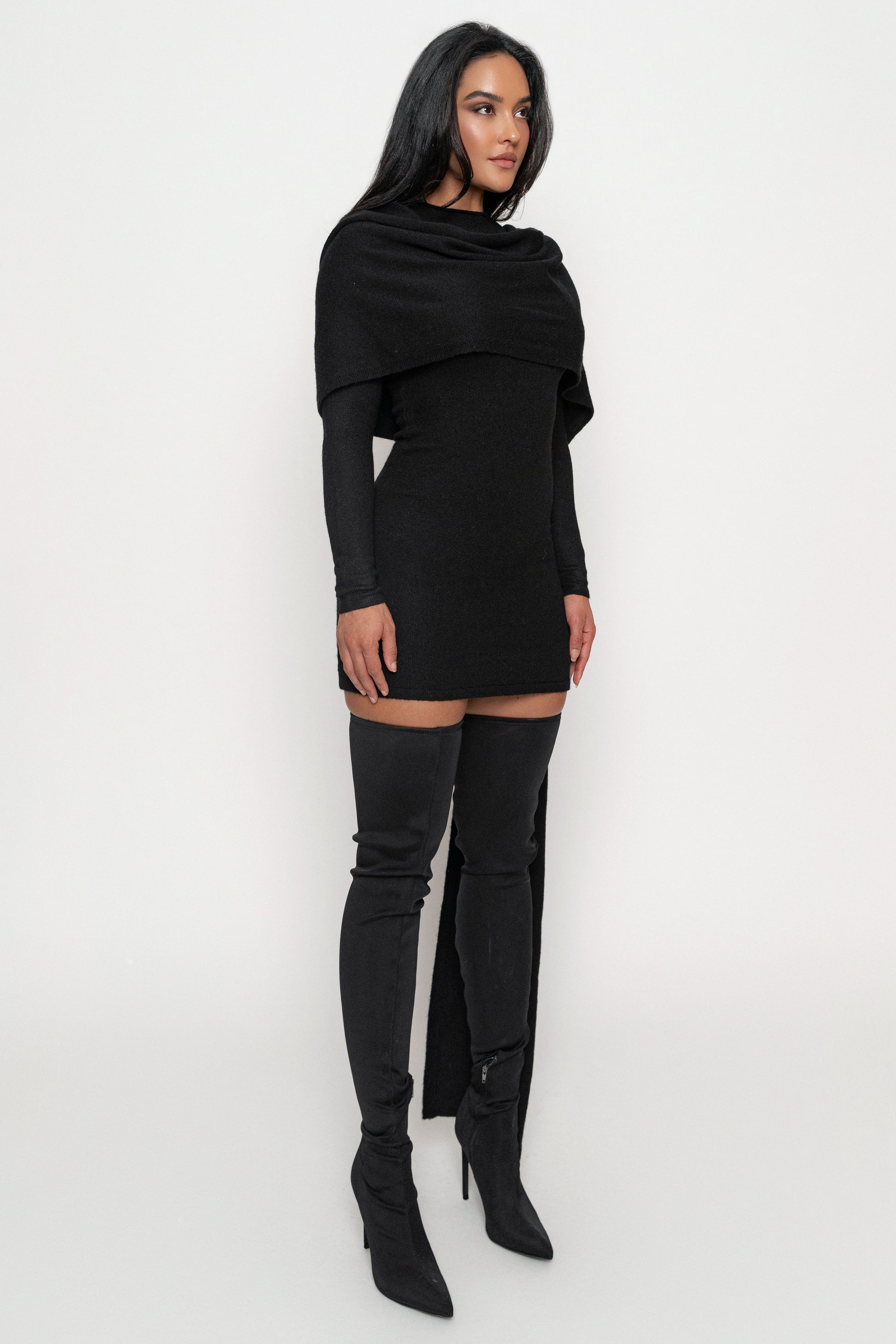 Black Scarf Draped Mini Dress JLUXLABEL