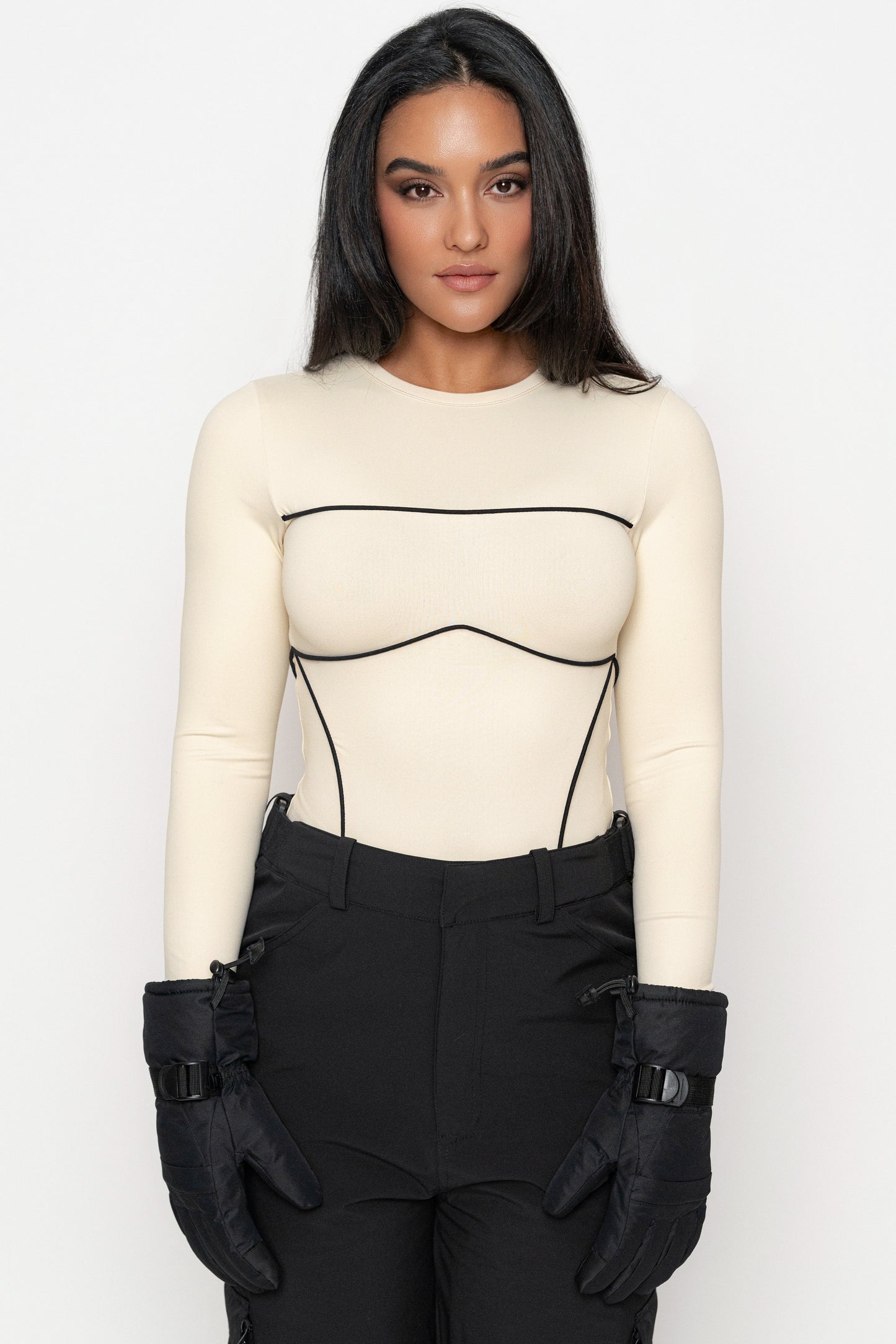 Cream/Black Pilar Piped Bodysuit JLUXLABEL