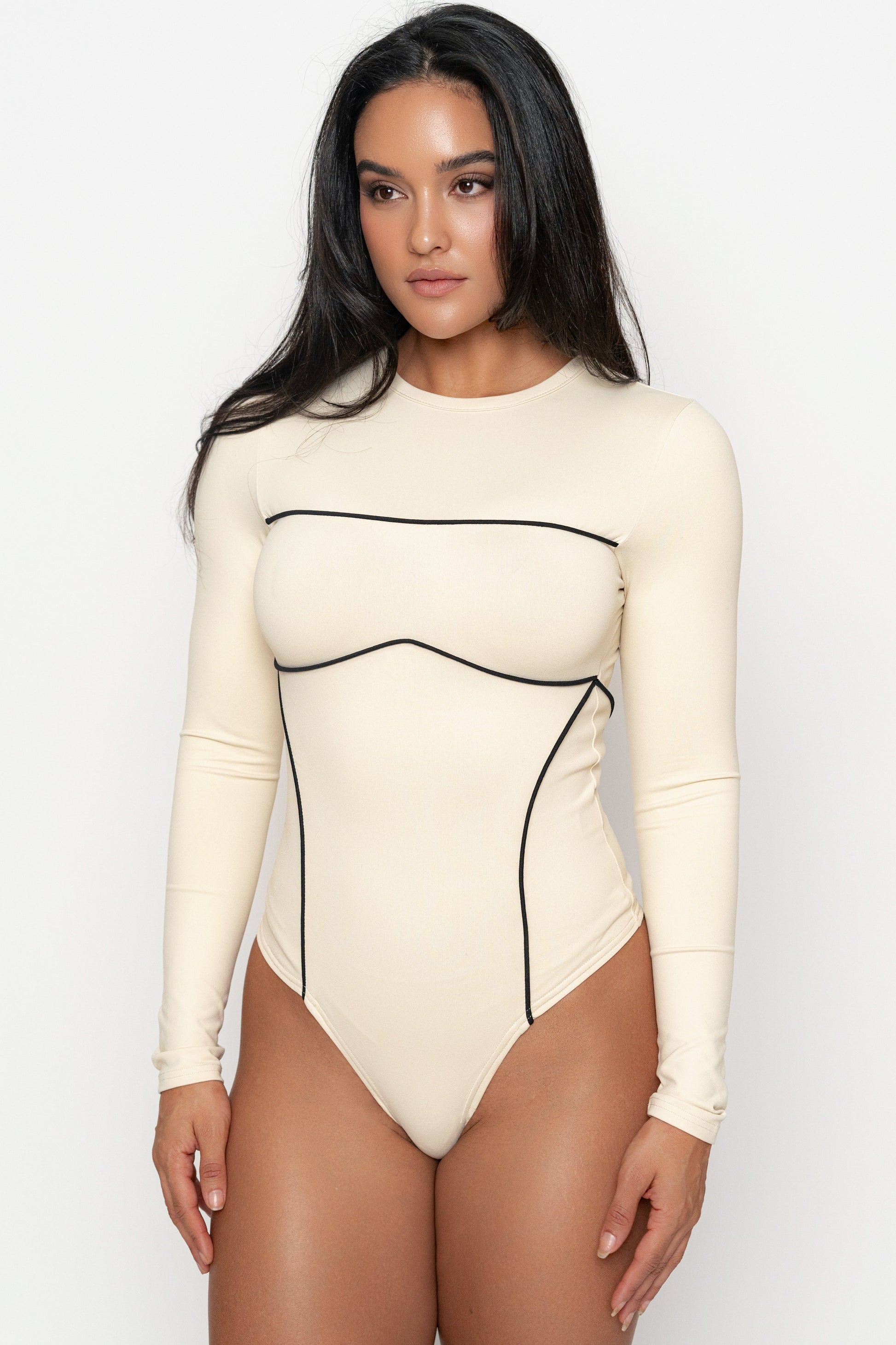 Cream/Black Pilar Piped Bodysuit JLUXLABEL
