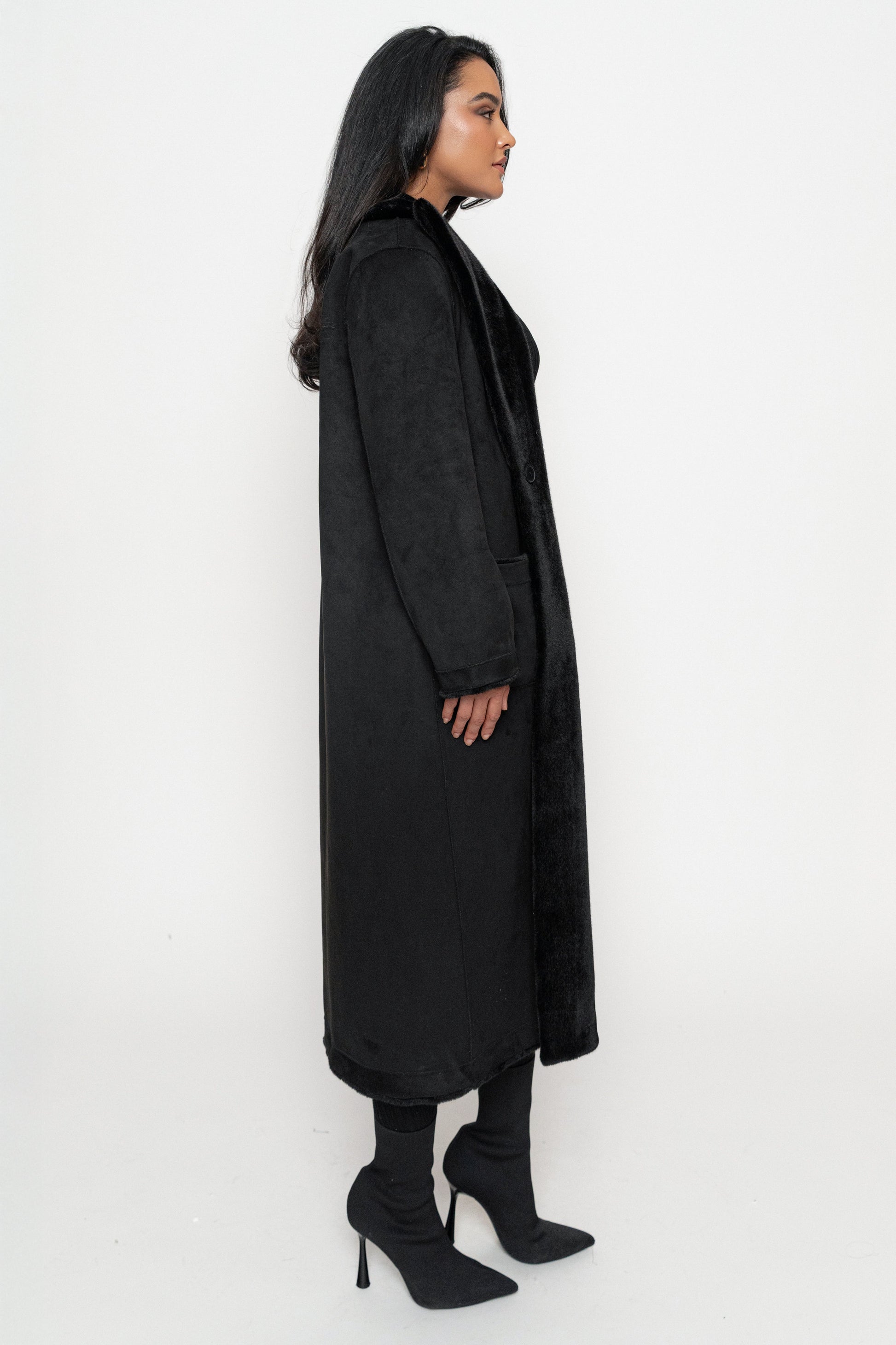 Black Thelma Reversible Suede Coat JLUXLABEL