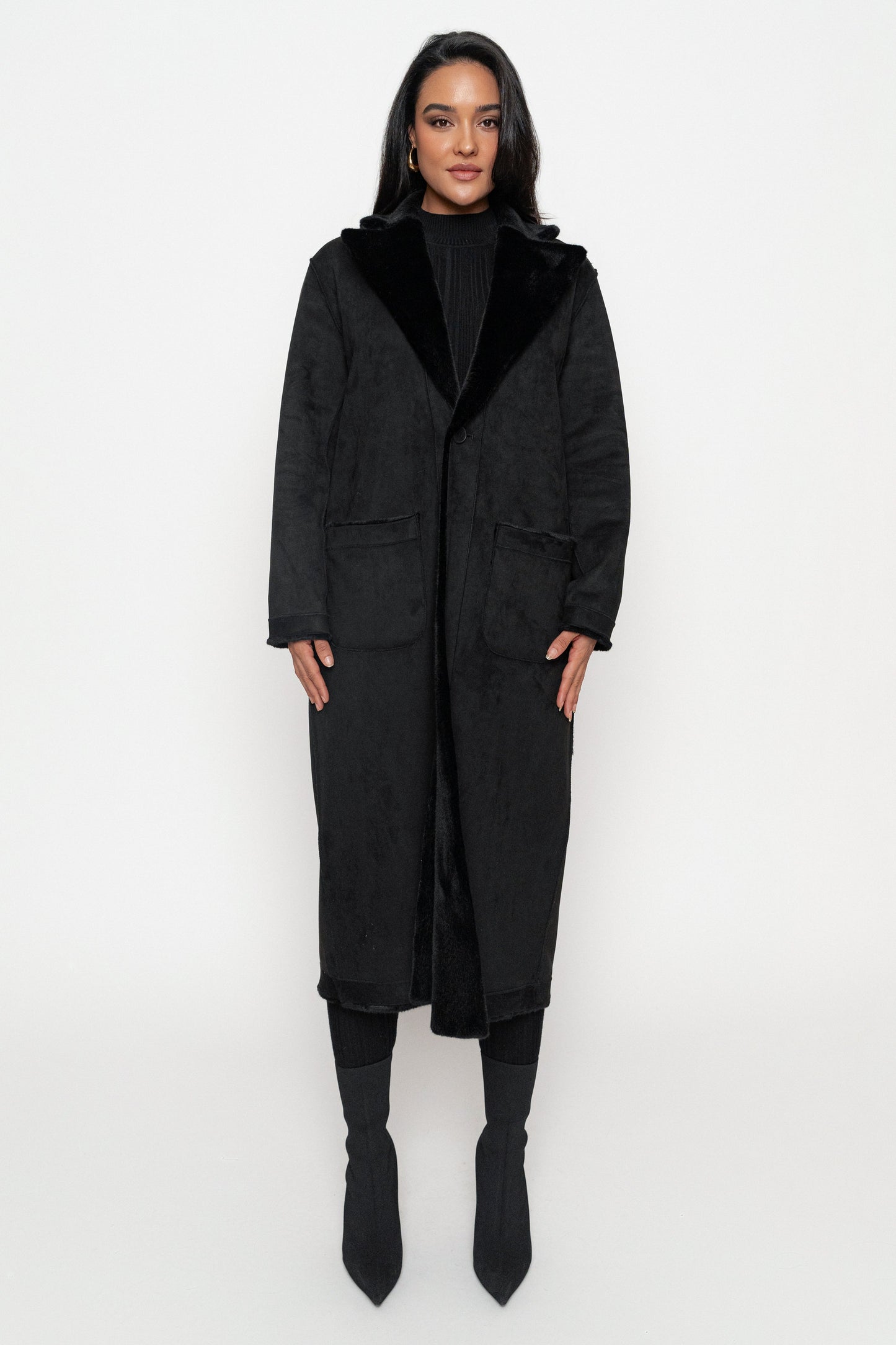 Black Thelma Reversible Suede Coat JLUXLABEL