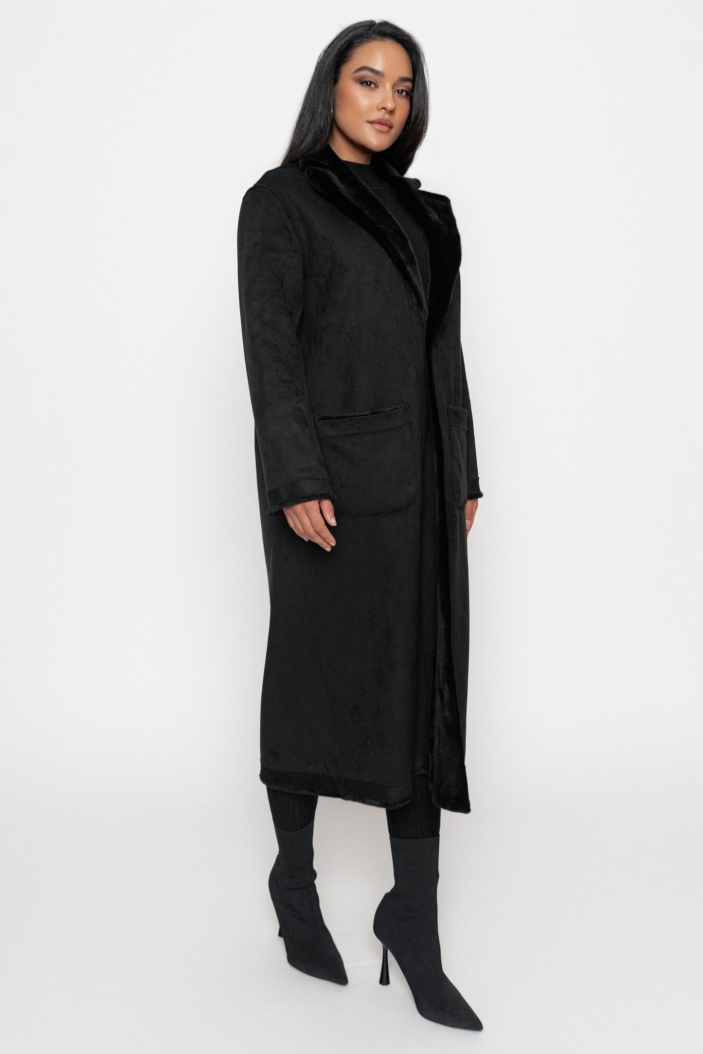Black Thelma Reversible Suede Coat JLUXLABEL