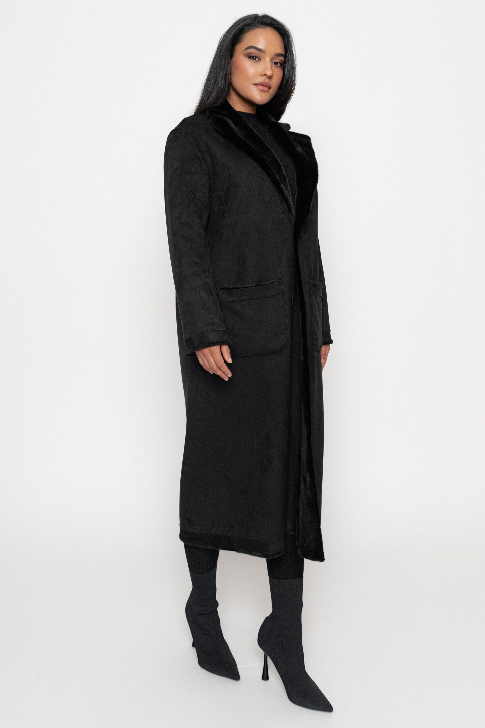 Black Thelma Reversible Suede Coat JLUXLABEL