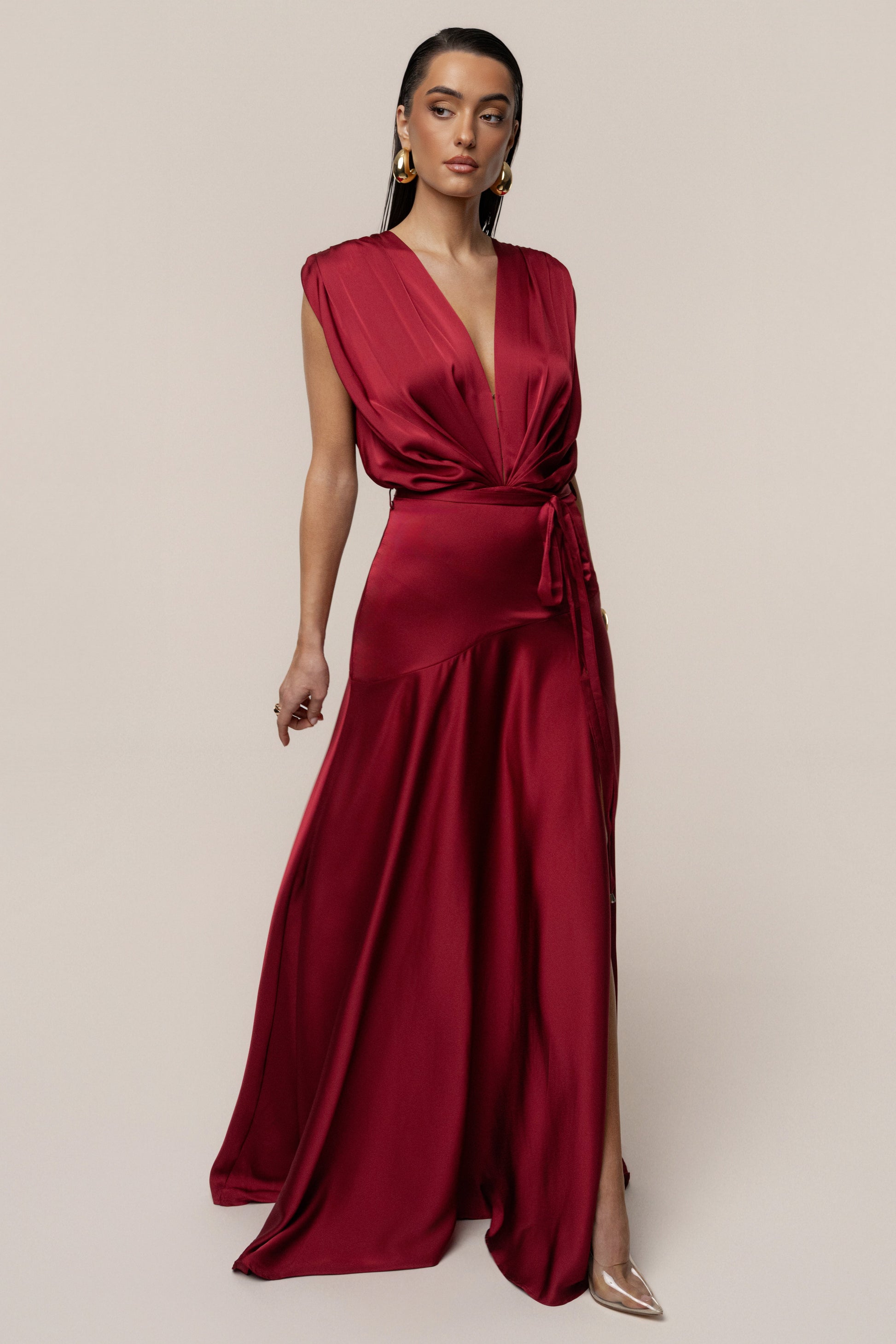 Red Amalia Satin Maxi Dress JLUXLABEL