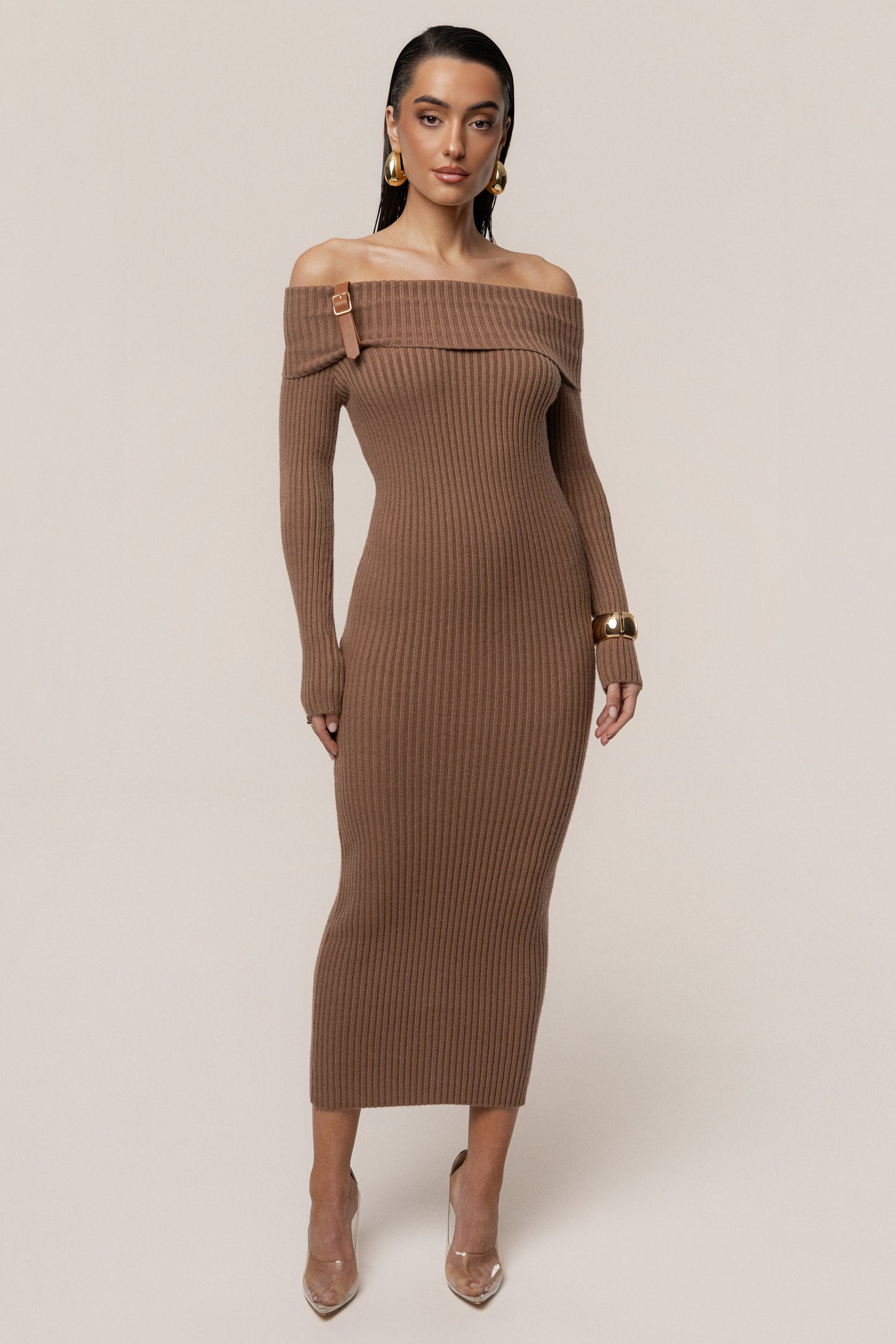 Tan Kira Ribbed Midi Dress JLUXLABEL
