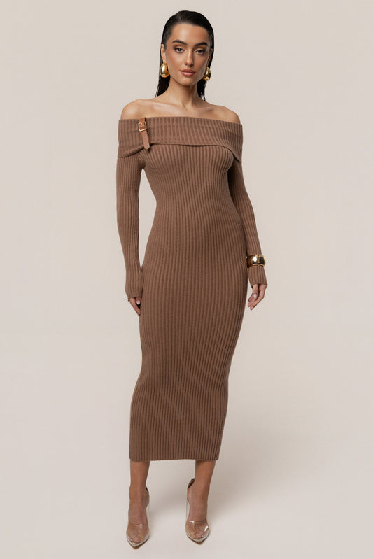 Tan Kira Ribbed Midi Dress JLUXLABEL