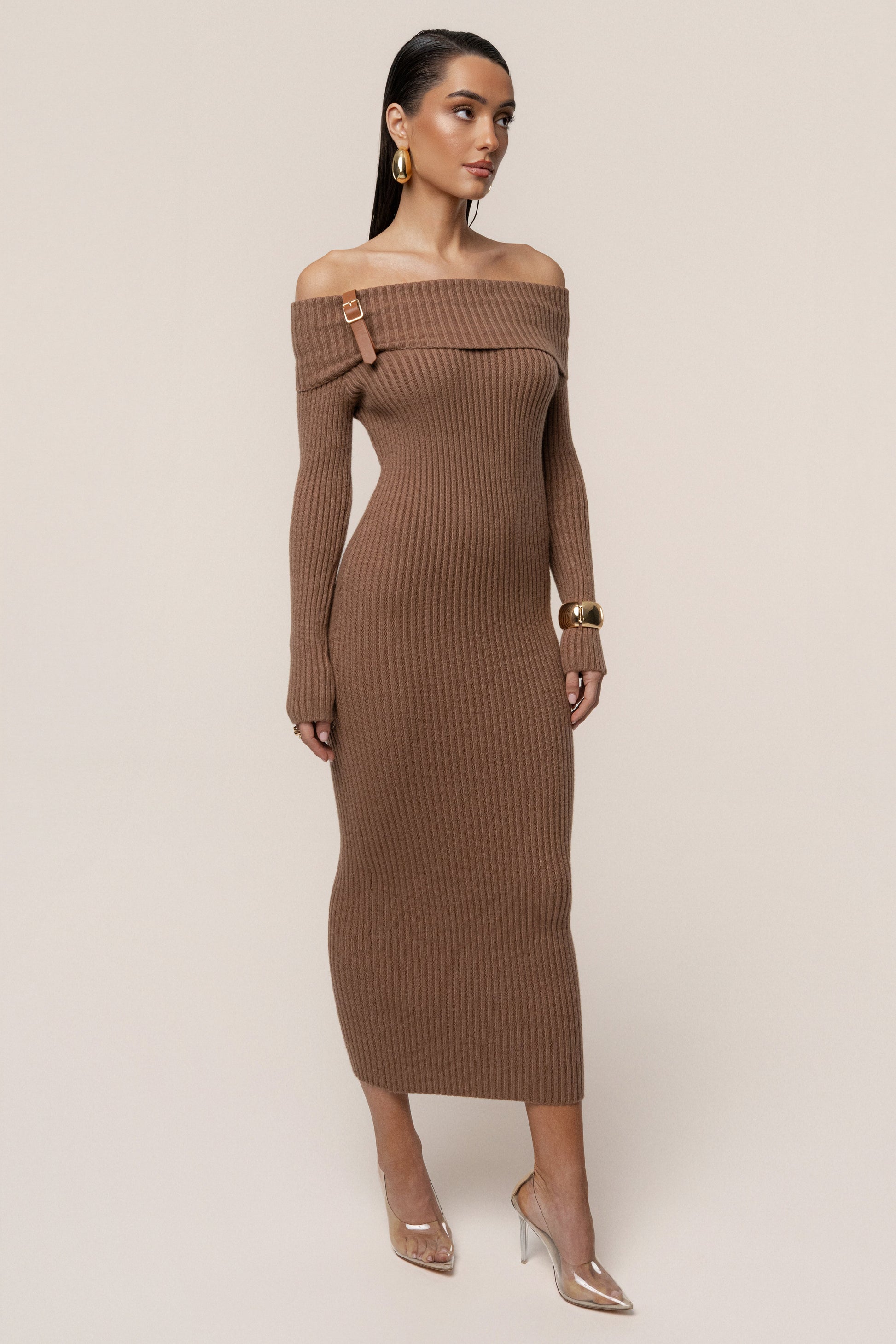Tan Kira Ribbed Midi Dress JLUXLABEL