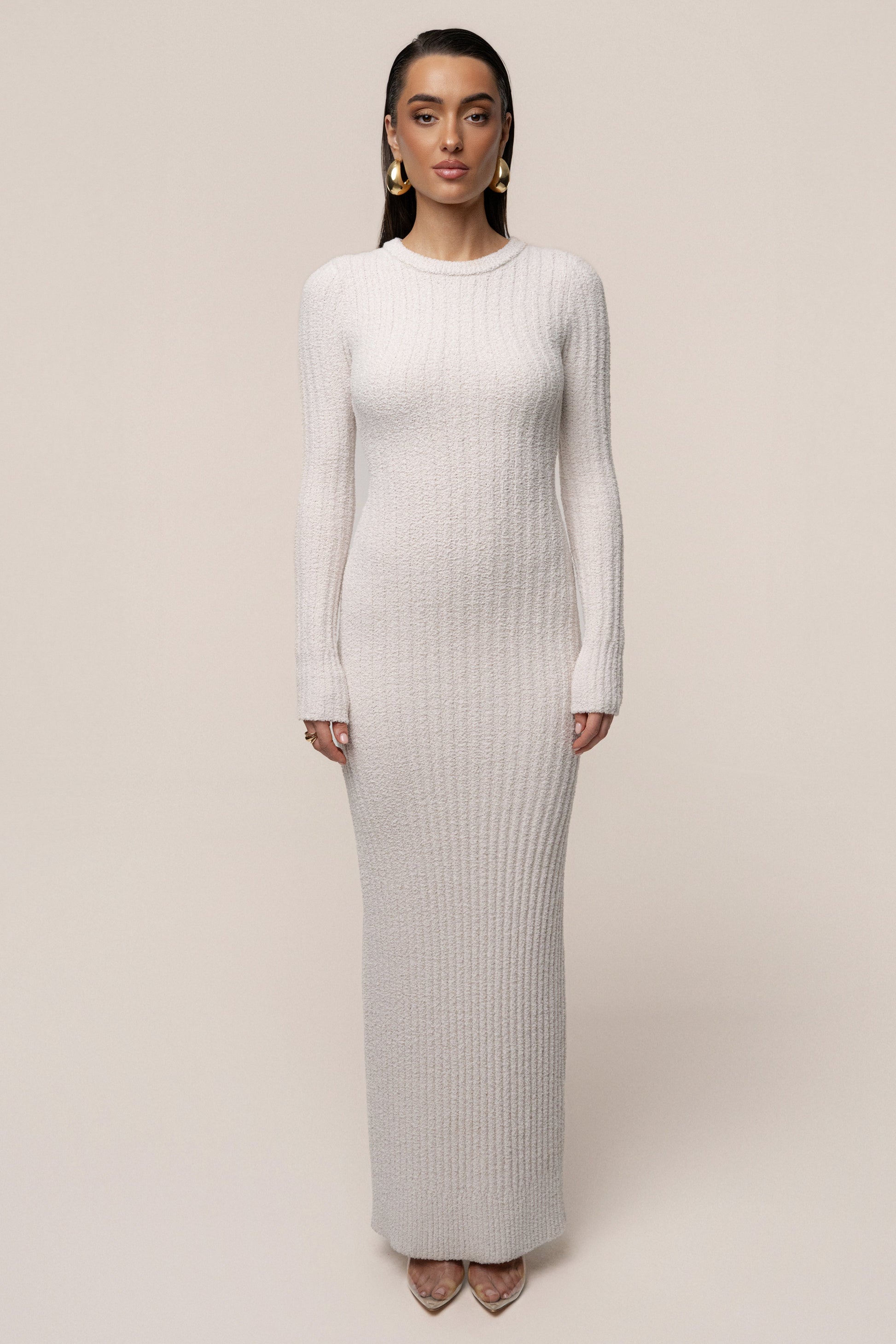 Cream First Class Ribbed Maxi Dress JLUXLABEL