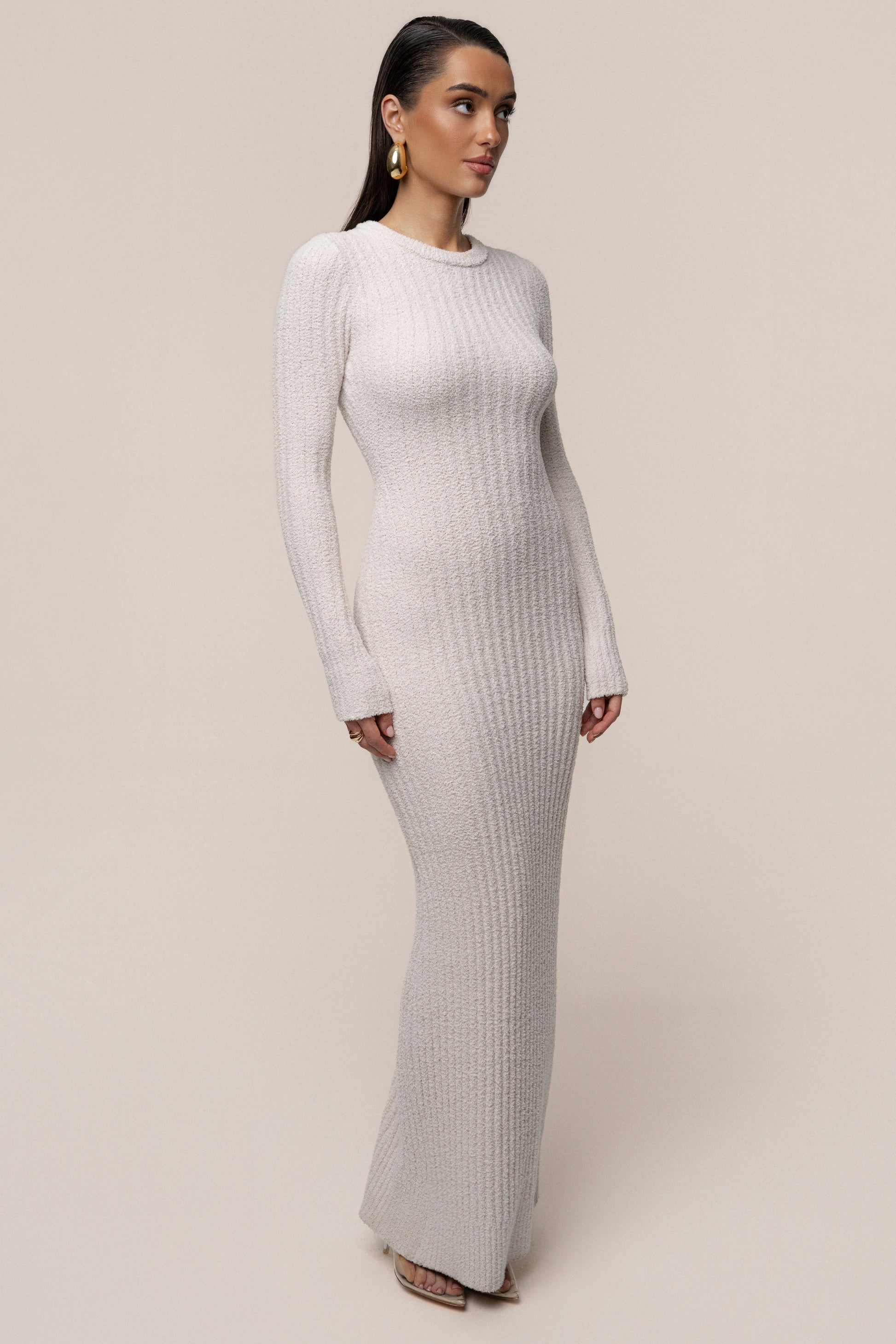 Cream First Class Ribbed Maxi Dress JLUXLABEL