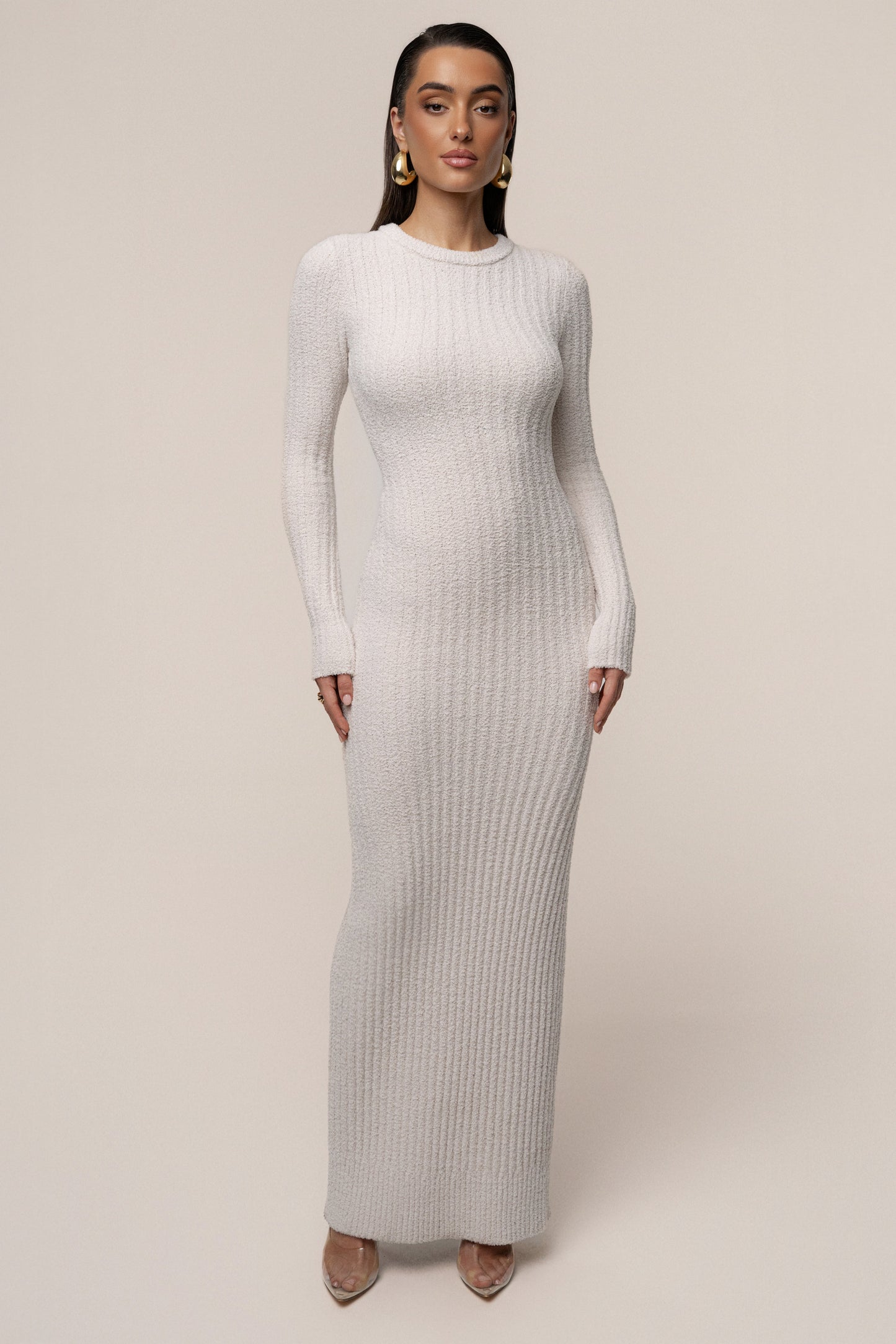 Cream First Class Ribbed Maxi Dress JLUXLABEL