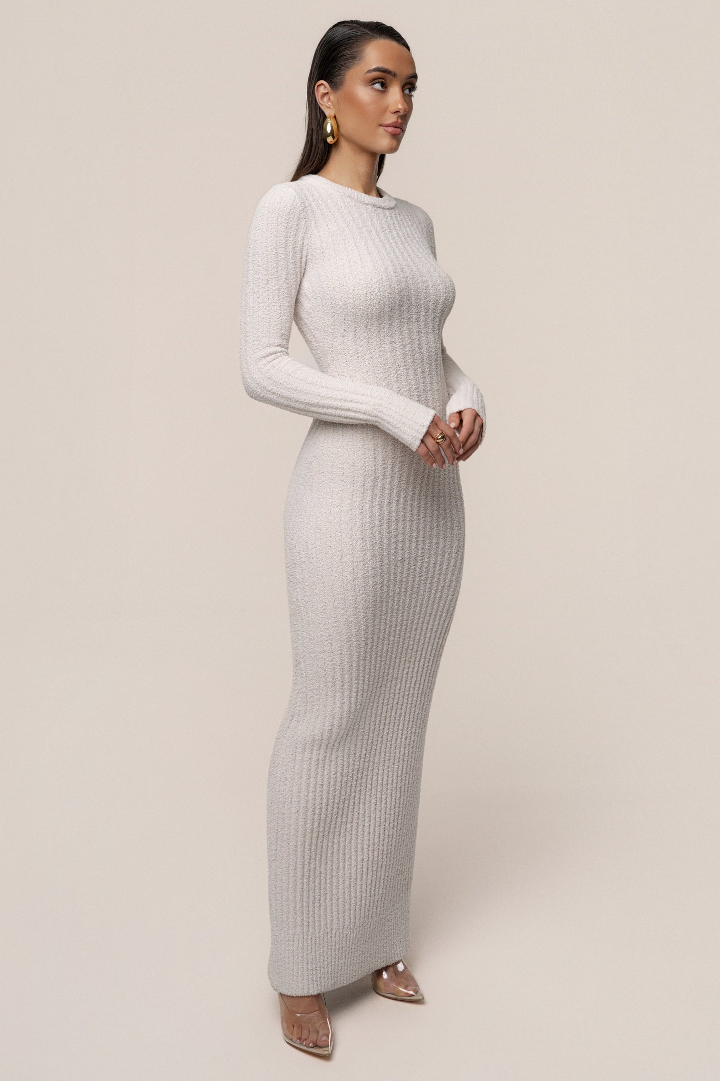 Cream First Class Ribbed Maxi Dress JLUXLABEL