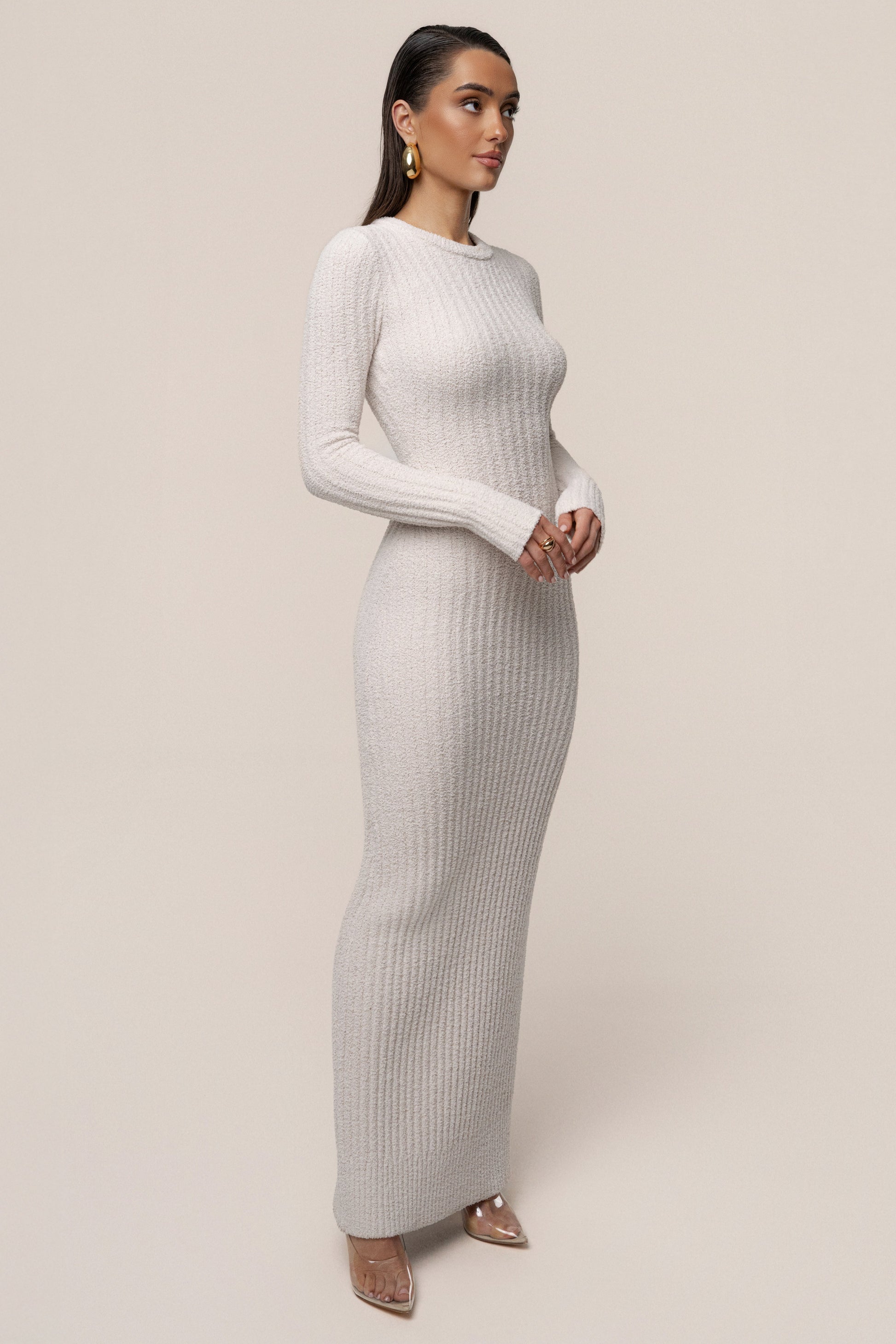 Cream First Class Ribbed Maxi Dress JLUXLABEL