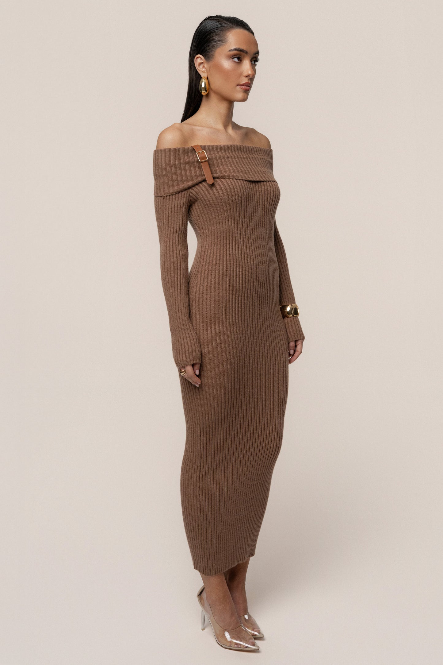 Tan Kira Ribbed Midi Dress JLUXLABEL
